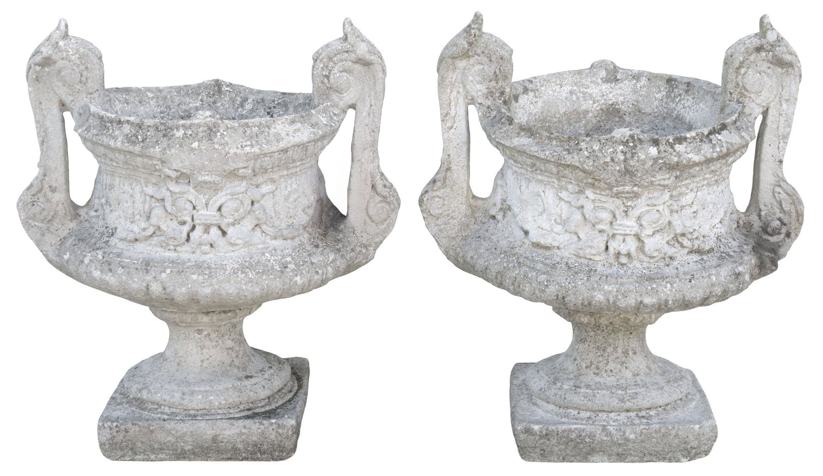 (2) CAST STONE 'FLEUR-DE-LIS' GARDEN URNS: (pair) Cast stone garden urns, waisted basin with central fleur-de-lis motif, lobed lower body, flanked by dual scrolled handles, socle ending on square plinth base, approx 22"h, 21"w,