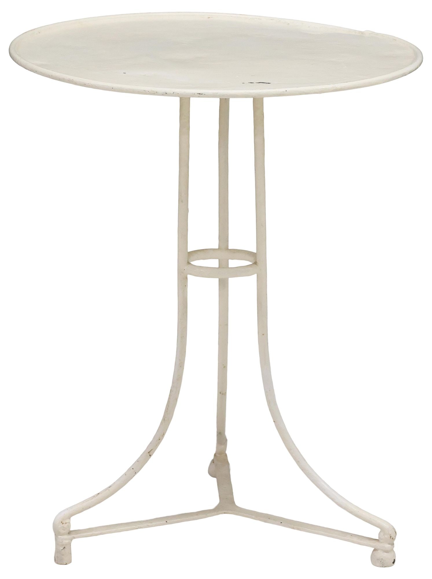 FRENCH WHITE PAINTED CAST IRON BISTRO TABLE: French white-painted iron outdoor bistro table, early 20th c., with circular top, on tripartite base, approx 27.5"h, 21 5/8"diam. **PLEASE NOTE: All of the cast stone and garden pieces in this
