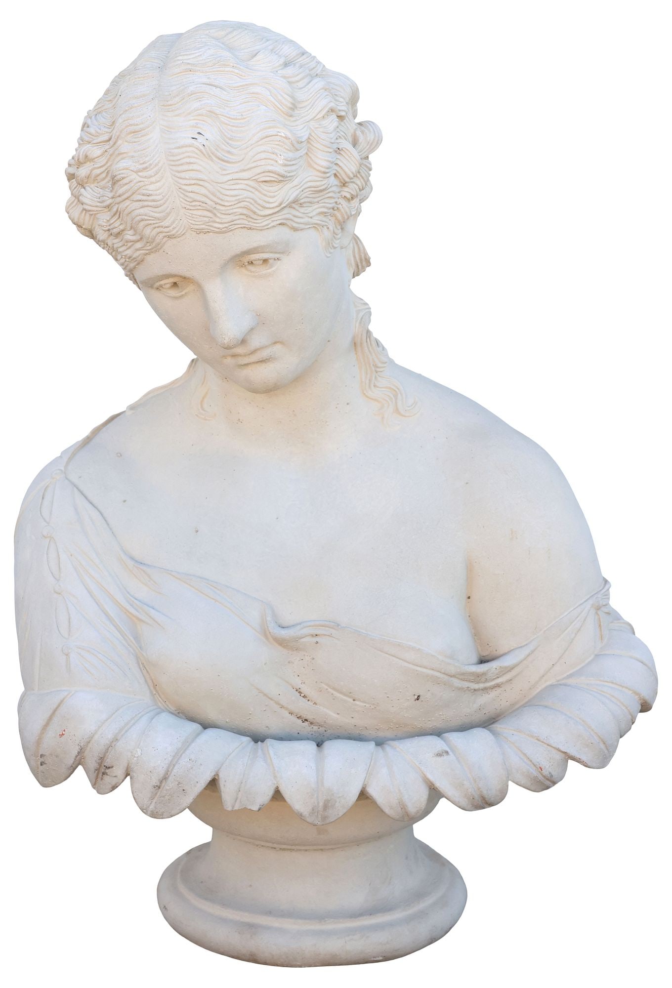 GARDEN STATUARY CAST STONE BUST OF CLYTIE: Cast stone garden statuary, Bust of Clytie/ Antonia, with curled hair, draped gown, emerging from flower petals, on an integral socle, approx 26"h, 17.5"w, 9.5"d **PLEASE NOTE: All cast stone and