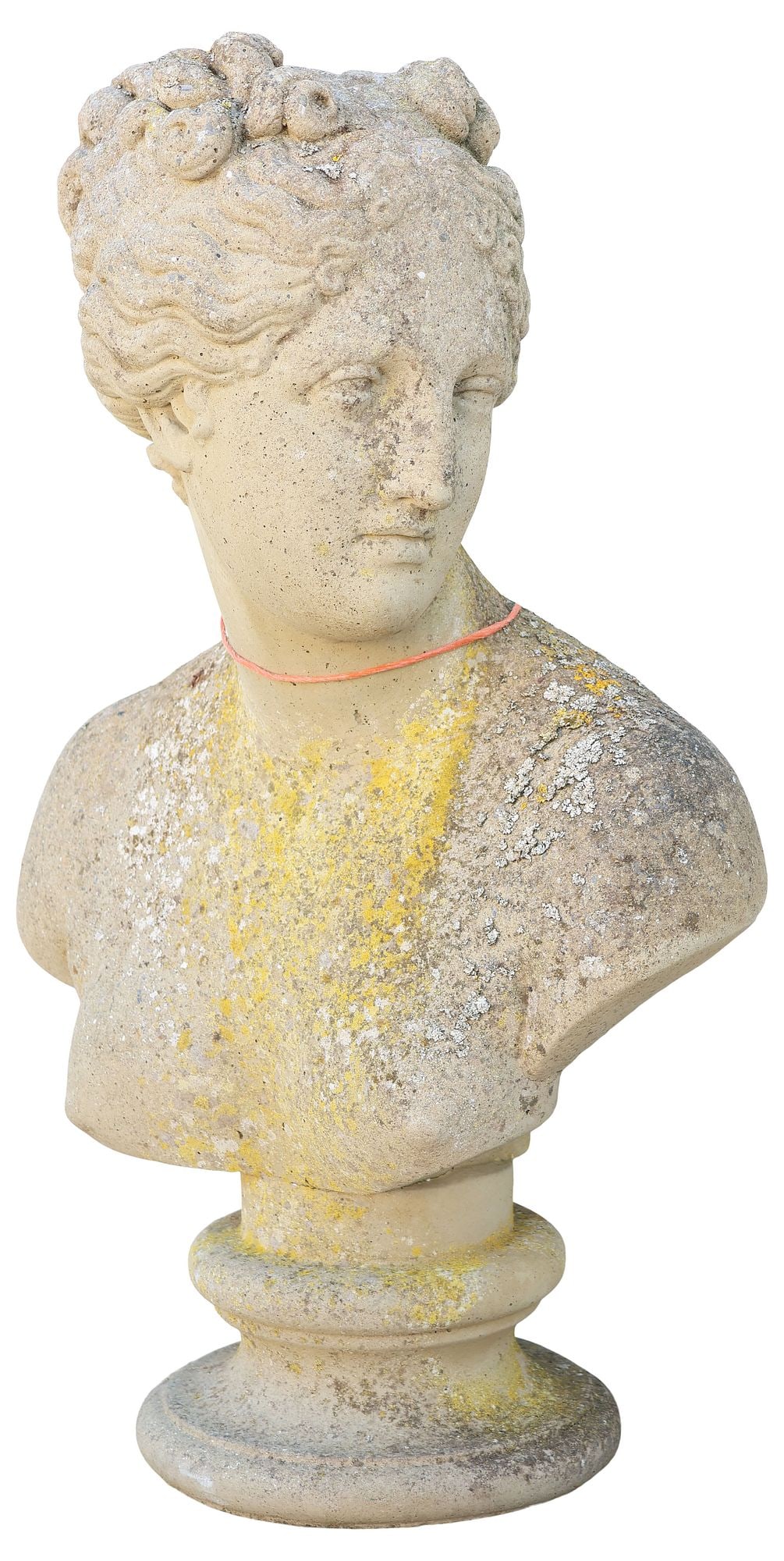 GARDEN STATUARY CAST STONE BUST OF A MAIDEN: Cast stone garden bust, modeled as a young maiden, on integral socle base, in an off-white painted finish, approx 26"h, 17"w, 11"d **PLEASE NOTE: All cast stone and garden pieces in