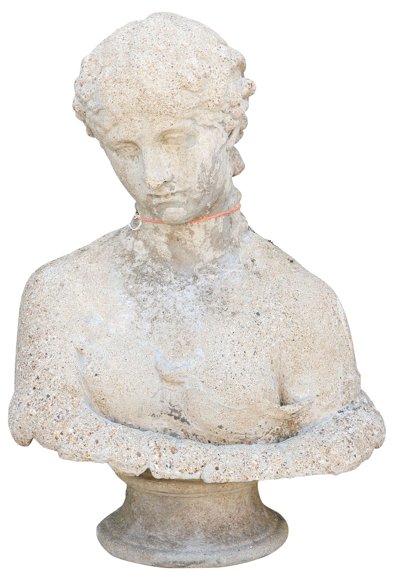 GARDEN STATUARY CAST STONE BUST OF CLYTIE, 27.5"H: Cast stone garden statuary, Bust of Clytie/ Antonia, with curled hair, draped gown, emerging from flower petals, on an integral socle, approx 27.5"h, 20"w, 10"d **PLEASE NOTE: All cast