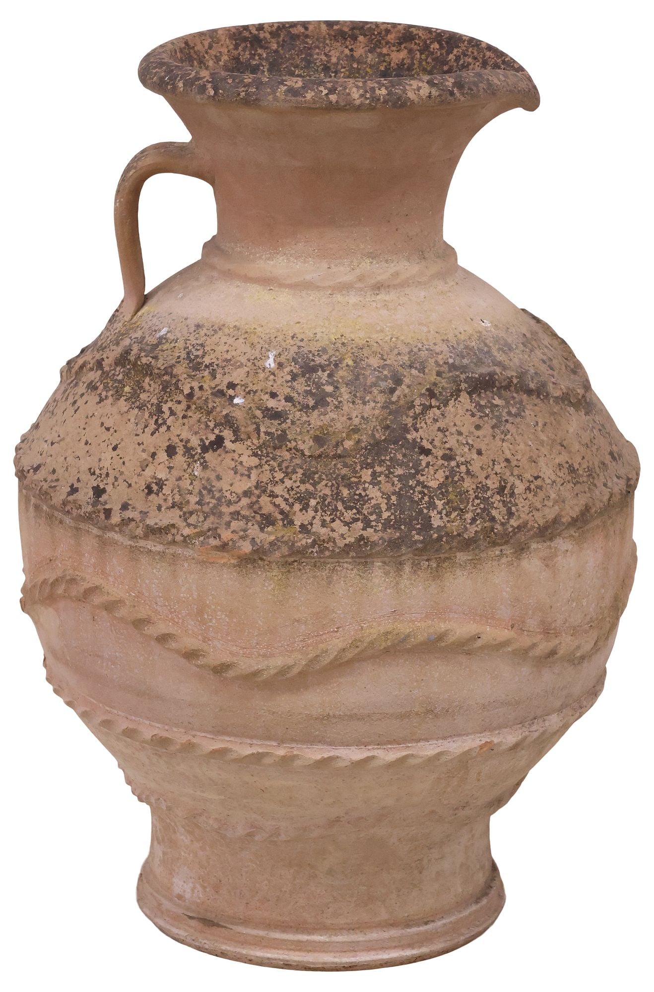LARGE PITCHER-FORM HANDLED CAST STONE GARDEN URN: Cast stone garden urn/ pitcher, with pinched spout and arched handle, over tapered bulbous body, approx 26.25"h, 16"diam, 53lbs **PLEASE NOTE: All cast stone and garden pieces in this