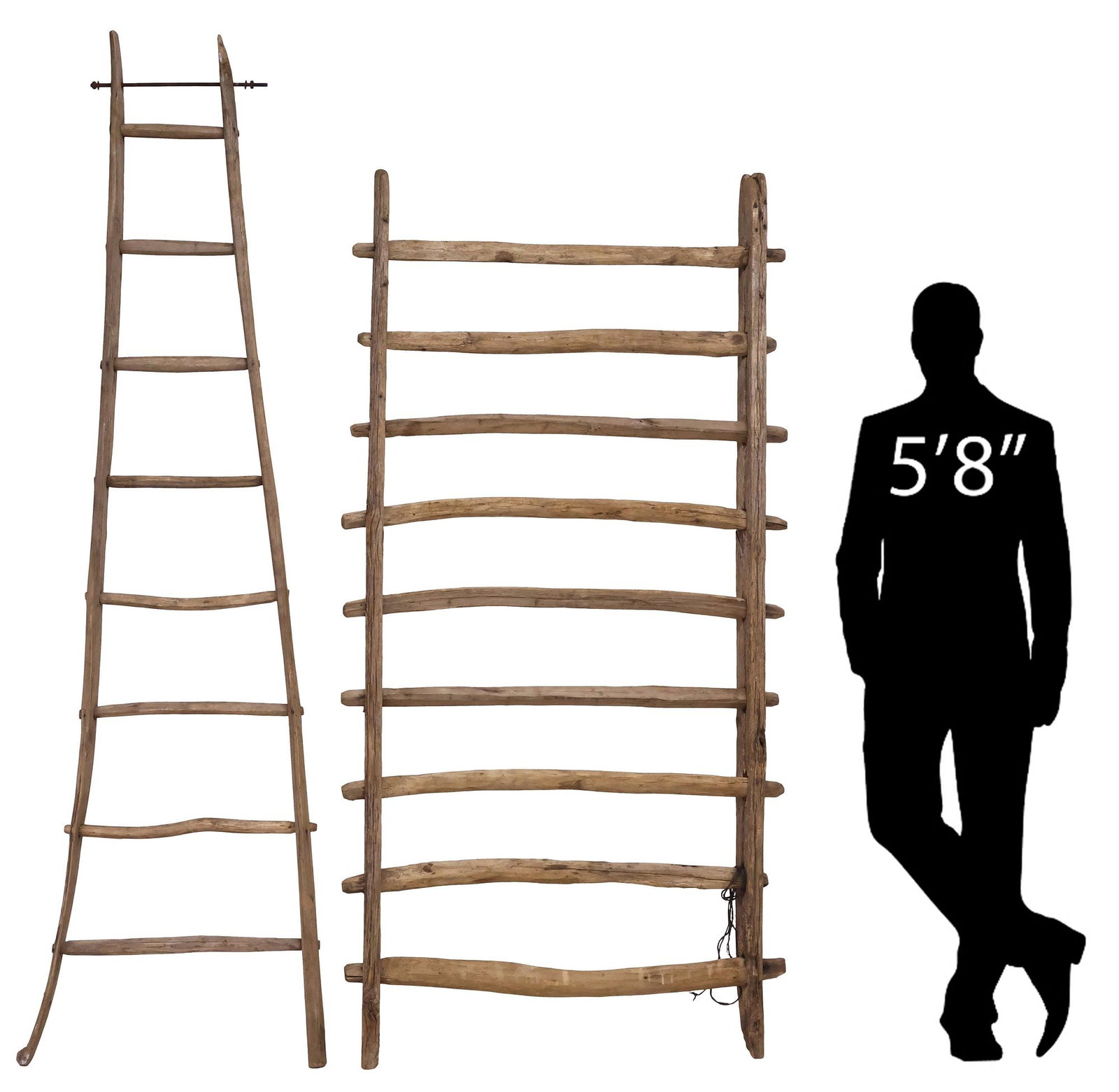 (2) LARGE DECORATIVE RUSTIC PINE BLANKET LADDERS: (lot of 2) Rustic pine decorative blanket ladders, late 19th/ early 20th c., varied sizes and number of rungs, largest: approx 98"h, 29.5"w, smallest: approx 86.5"h, 44"w