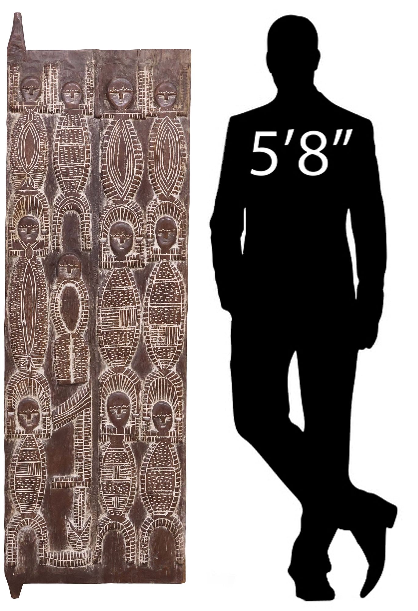 WEST AFRICAN ARCHITECTURAL CARVED HARDWOOD GRANARY DOOR PANEL, 69"H: West African architectural hardwood granary door panel, possibly Dogon peoples, carved throughout with stylized figures with white pigment accents, now mounted for wall hanging, approx 69"h,