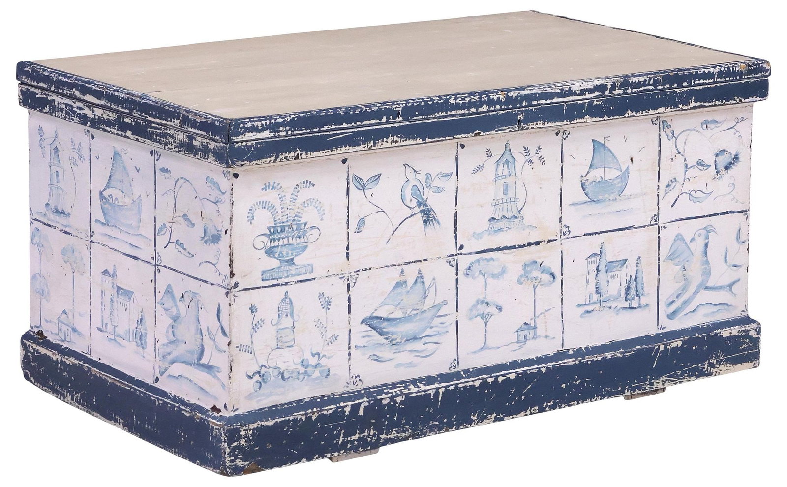 ENGLISH DELFT-STYLE PAINTED STORAGE CHEST / BLANKET BOX (1 of 5)