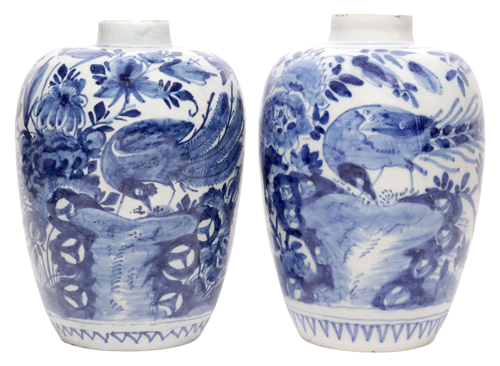 (2) ENGLISH DELFT BLUE & WHITE CHINOISERIE PEACOCK VASES, 18TH C. (1 of 5)