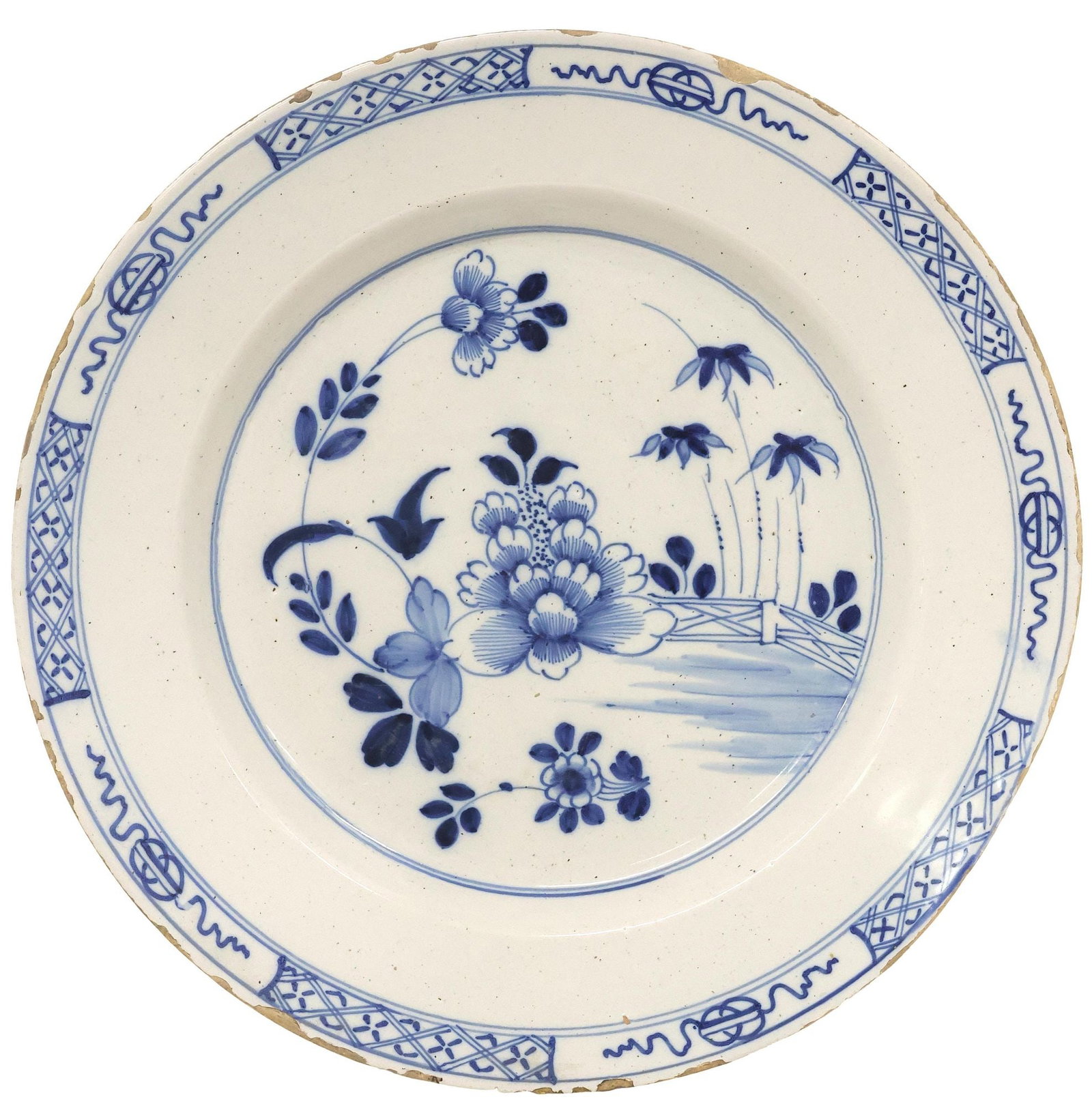 DUTCH DELFT BLUE & WHITE CHINOISERIE FLORAL CHARGER, 18TH C. (1 of 2)