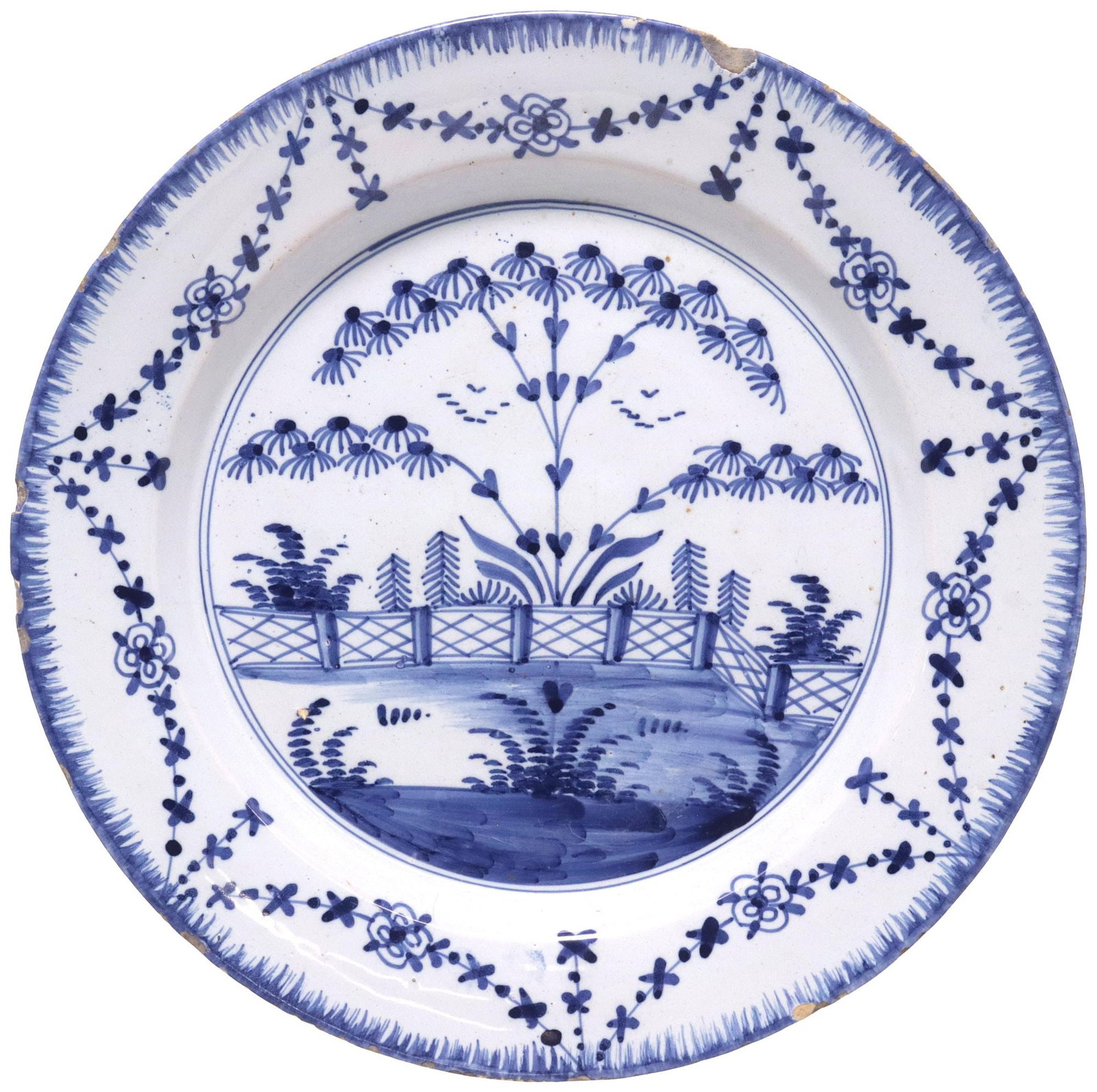 DUTCH DELFT BLUE & WHITE CHINOISERIE CHARGER, 18TH C. (1 of 2)