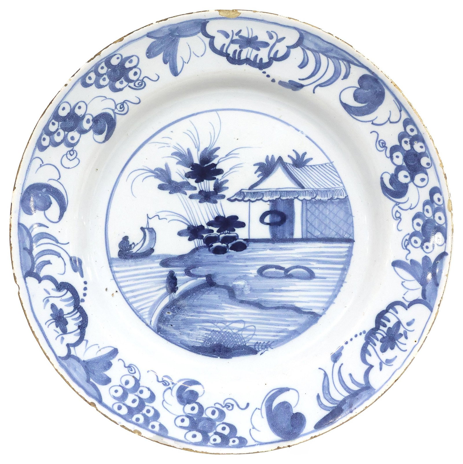 DUTCH DELFT BLUE & WHITE CHINOISERIE CHARGER, 18TH C. (1 of 2)