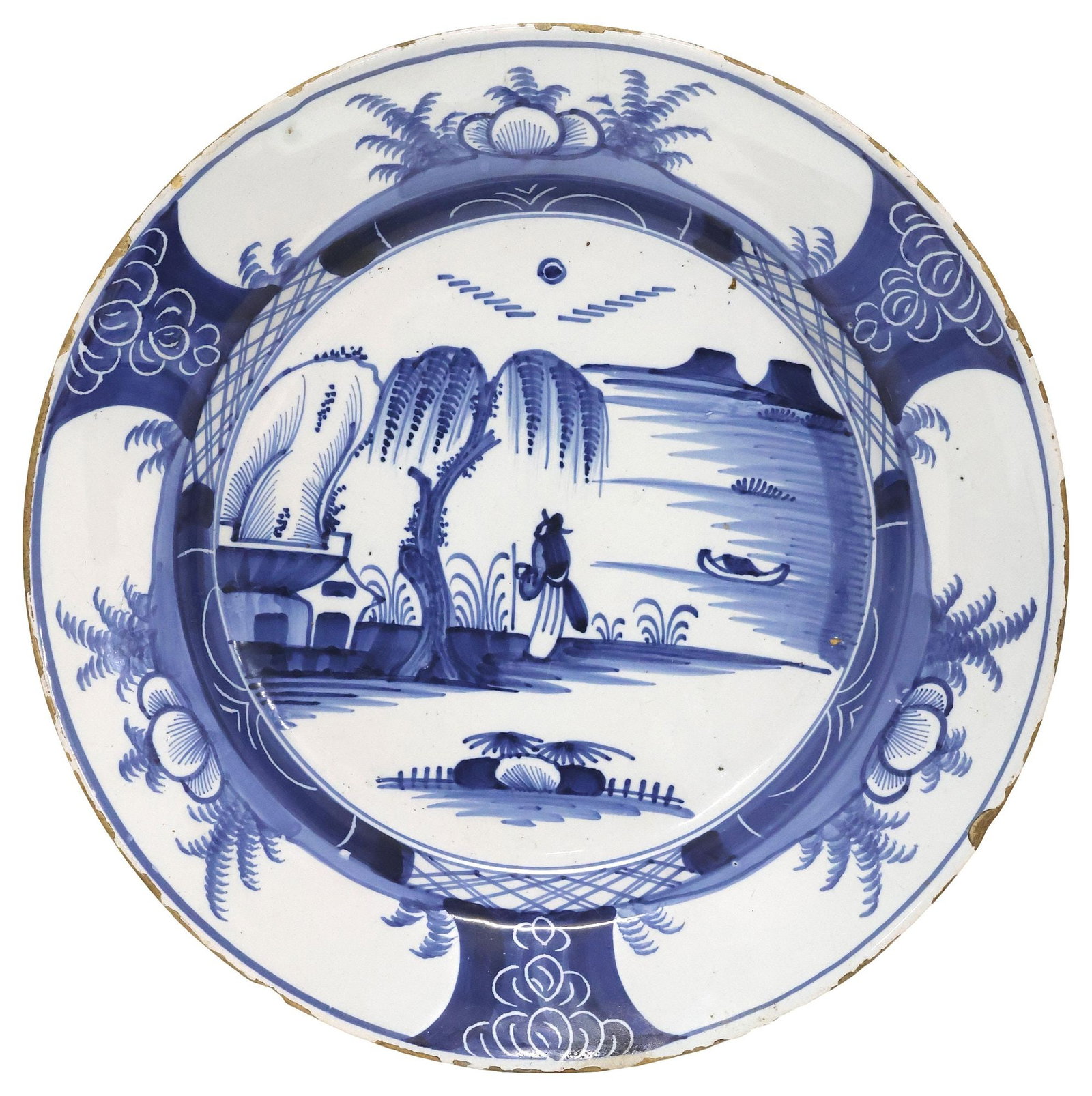 DUTCH DELFT BLUE & WHITE CHINOISERIE CHARGER, 18TH C. (1 of 2)