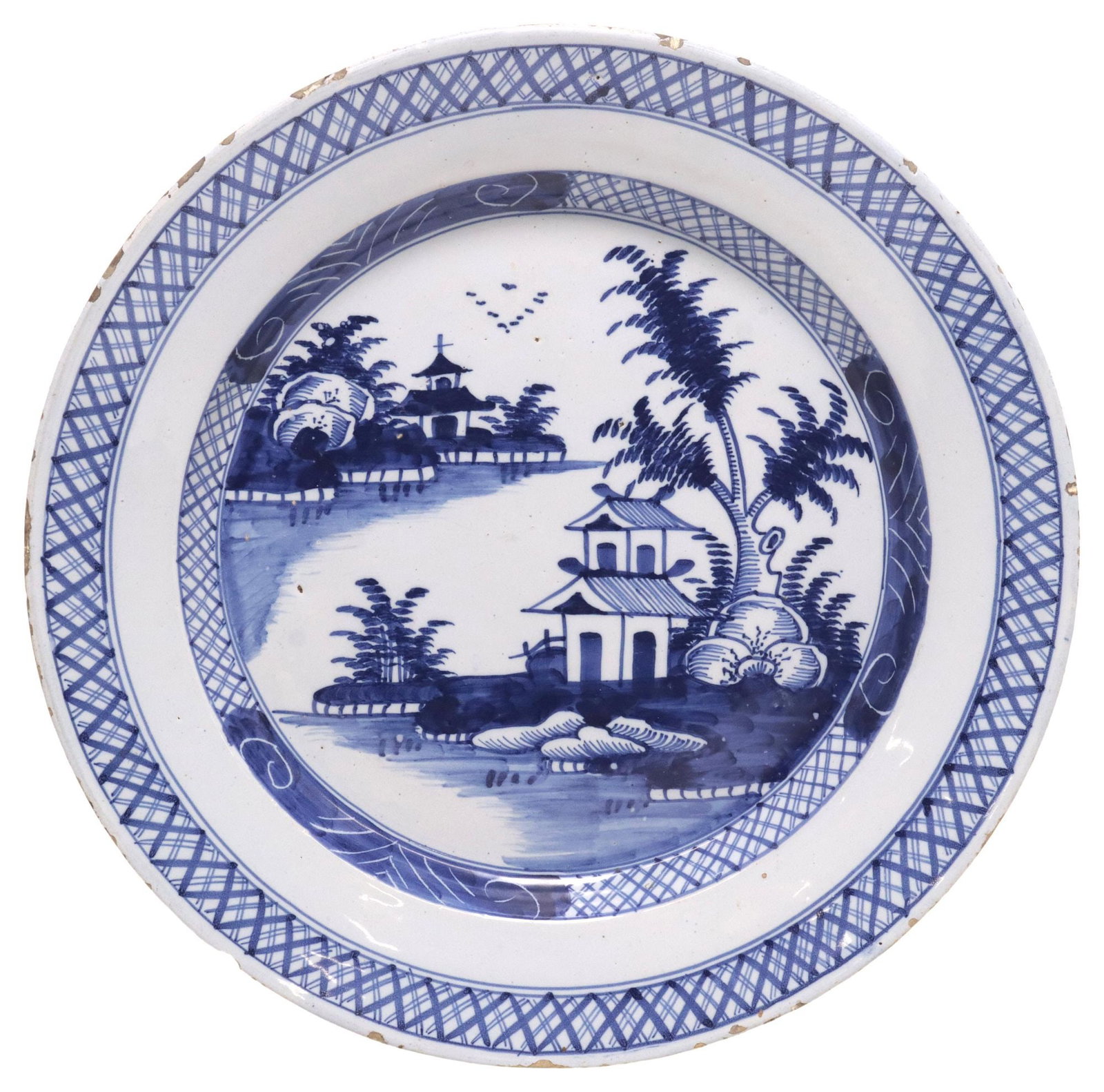 DUTCH DELFT BLUE & WHITE CHINOISERIE CHARGER, 18TH C. (1 of 2)