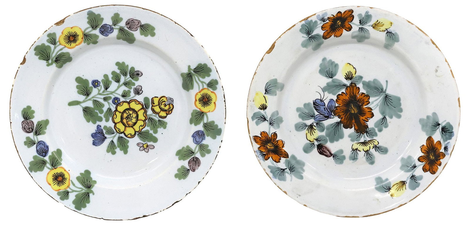 (2) ENGLISH DELFT POLYCHROME FLORAL PLATES, 18TH C. (1 of 2)