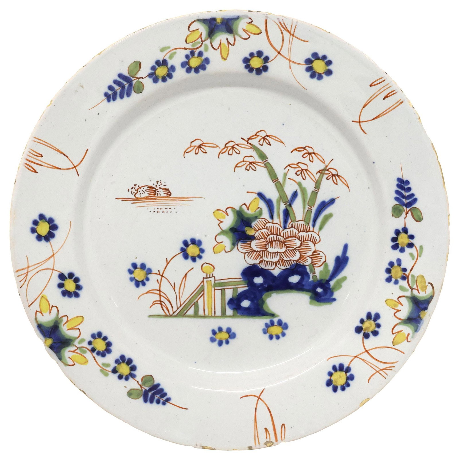 ENGLISH DELFT POLYCHROME CHINOISERIE PLATE, 18TH C. (1 of 2)