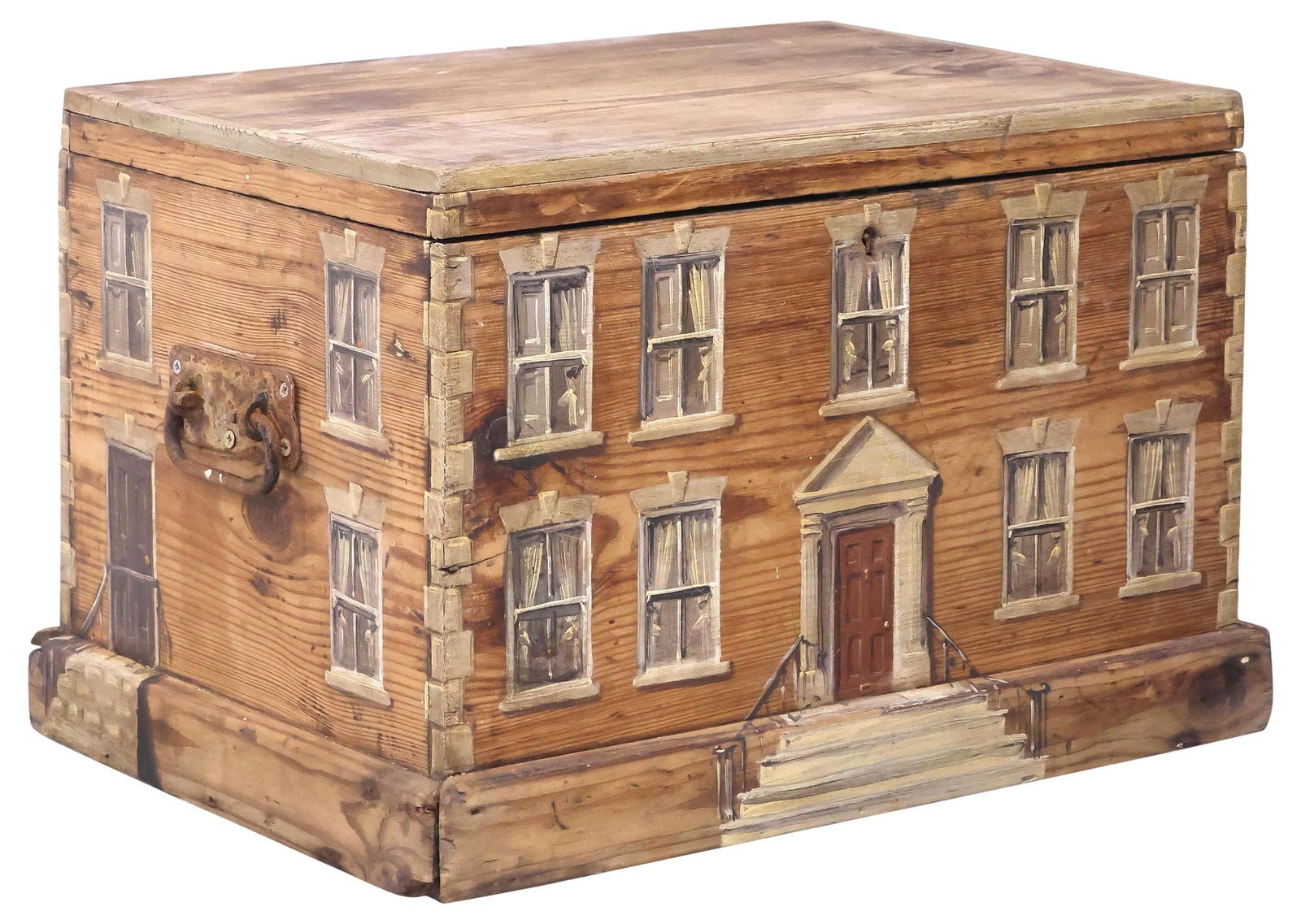 ENGLISH PAINT-DECORATED PINE HOUSE FACADE WORK BOX / STORAGE CHEST: English paint-decorated storage chest/ work box, 19th c., the exterior later painted as a Georgian style house facade, rectangular form with side handles, open interior, approx 12.5"h, 18"w, 12.75"d, 