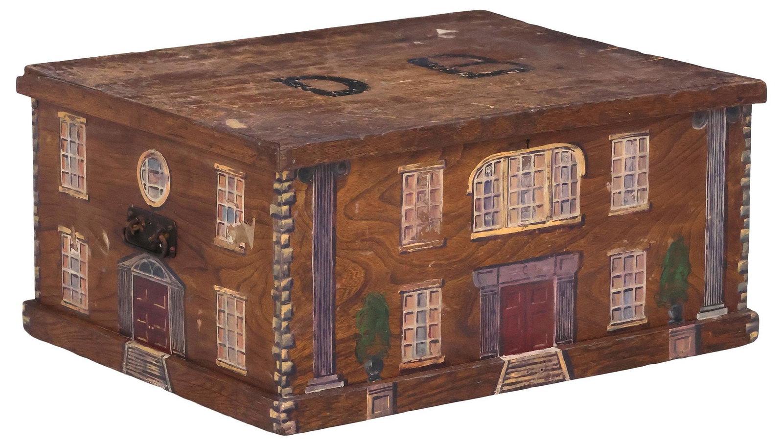 ENGLISH PAINT-DECORATED HOUSE FACADE PINE STORAGE CHEST/ TRUNK (1 of 5)