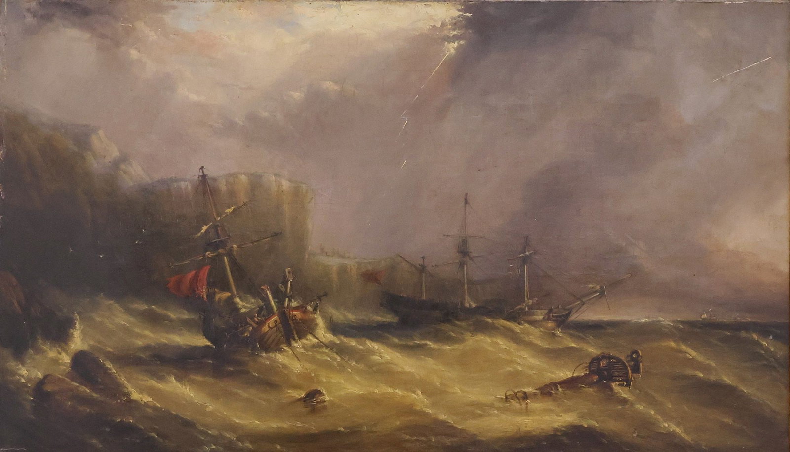 ENGLISH SCHOOL (19TH C.) OIL PAINTING, NAVAL BATTLE SEASCAPE, 21" X 36" (1 of 3)