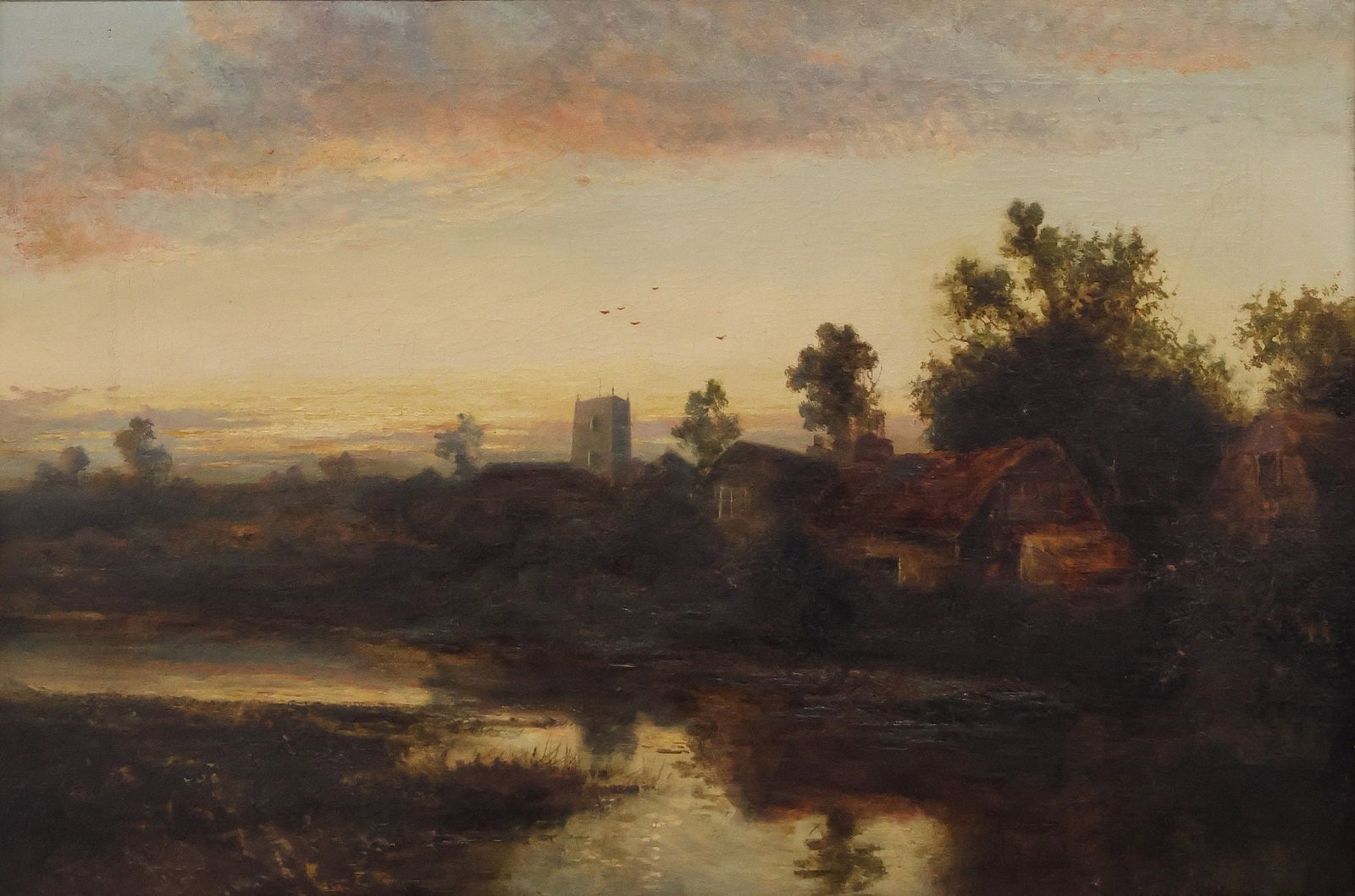 SIGNED ENGLISH SCHOOL (19TH C.) OIL PAINTING, 'OLD PRIORITY CHRISTS CHURCH': Framed English School oil on canvas painting, "Old Priory Christ Church," illegible signature lower right, titled at lower center of frame, retaining L.O. Annetts and Son label verso, overall craquelu