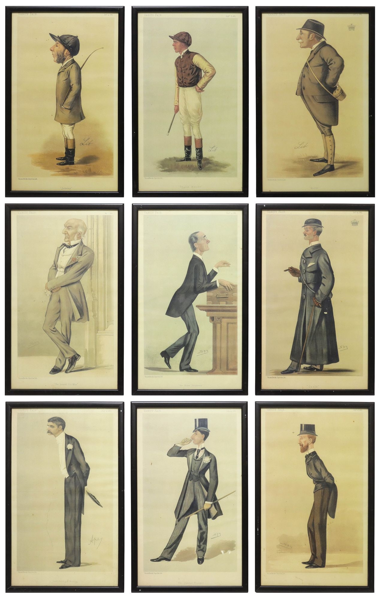 (9) FRAMED VANITY FAIR CARICATURE CHROMOLITHOGRAPH PRINTS, SPY, APE & LIB: (lot of 9) Framed chromolithographs on paper, after the originals published by Vanity Fair, including: (5) signed in print Spy (Sir Leslie Matthew Ward, United Kingdom, 1851-1922), (one) "The Hom