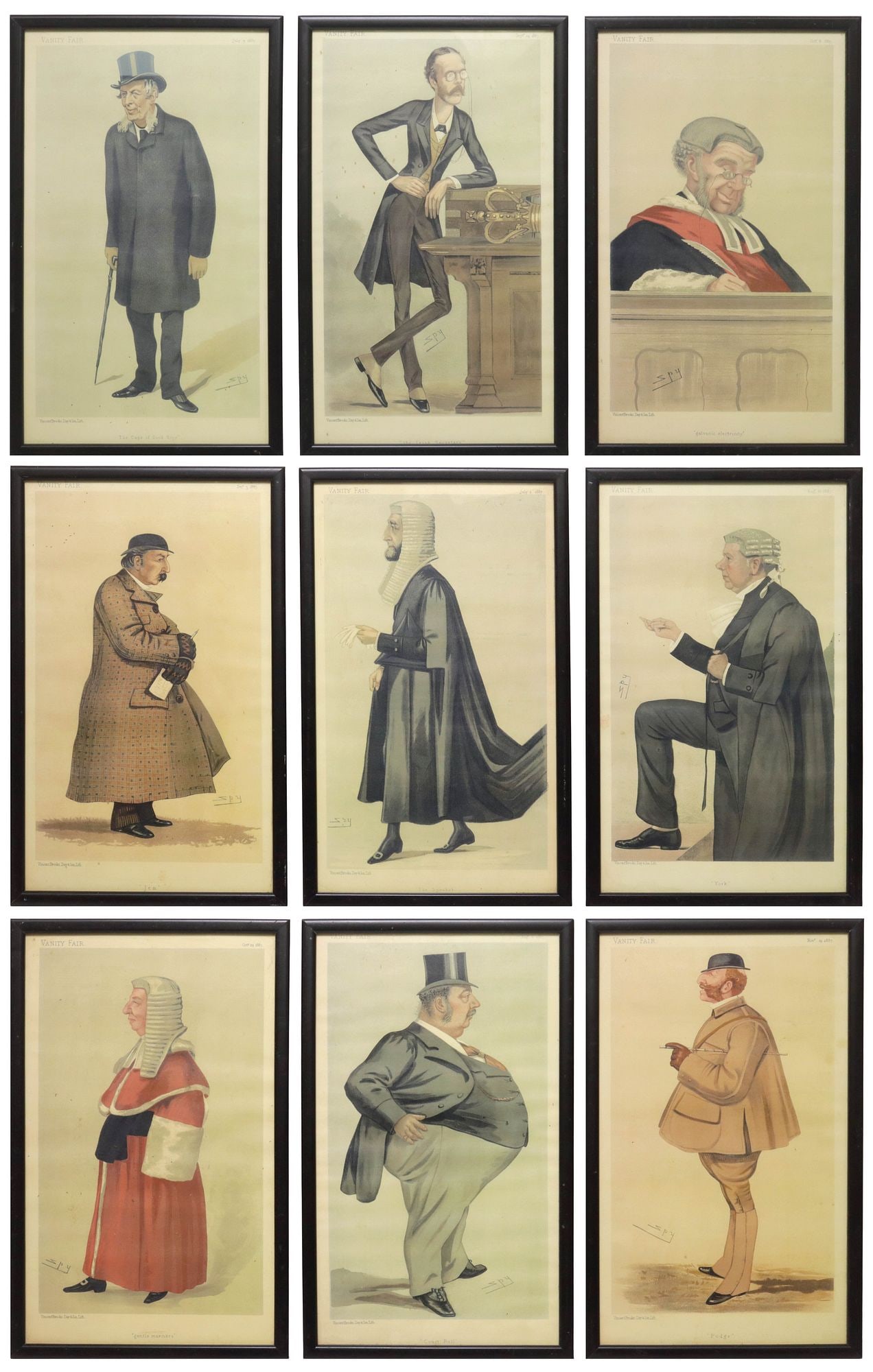 (9) FRAMED VANITY FAIR SPY CARICATURE CHROMOLITHOGRAPH PRINTS: (lot of 9) Framed chromolithographs on paper, after the originals published by Vanity Fair, signed in print Spy (Sir Leslie Matthew Ward, United Kingdom, 1851-1922), including: (1) "The Speaker,&