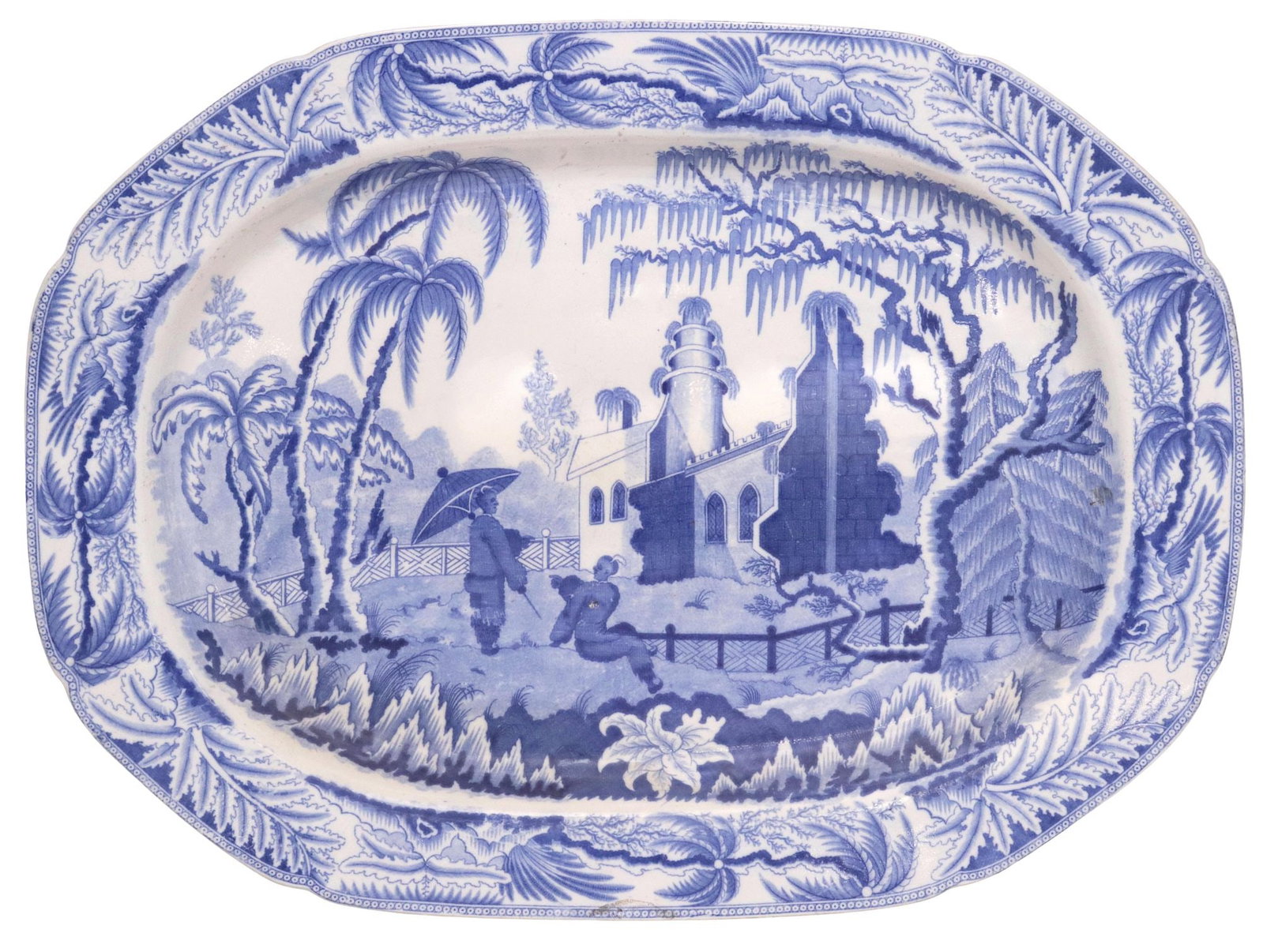 ENGLISH DAVENPORT 'CHINOISERIE RUINS' BLUE & WHITE TRANSFERWARE PLATTER (1 of 4)