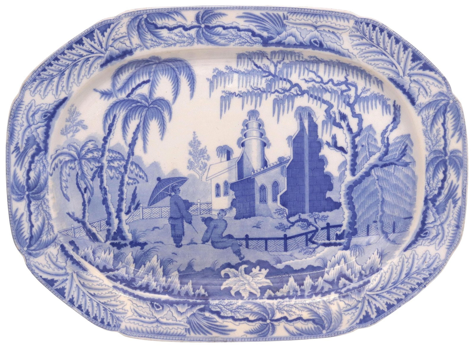 ENGLISH DAVENPORT 'CHINOISERIE RUINS' BLUE & WHITE TRANSFERWARE PLATTER (1 of 4)