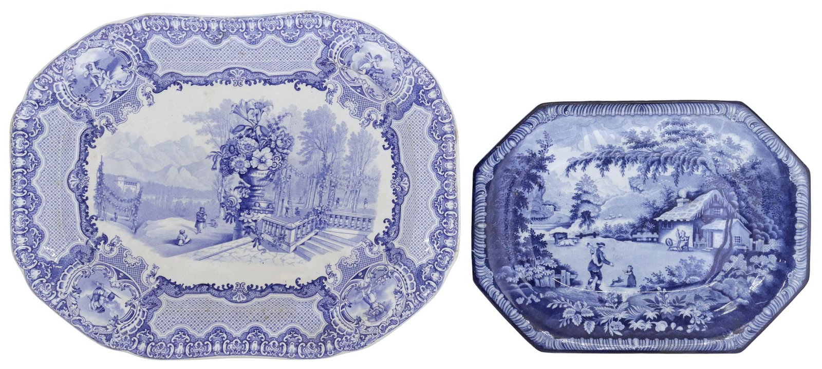 (2) ENGLISH VICTORIAN STAFFORDSHIRE PLATTERS, COPELAND GARRETT & BRAMELD: (lot of 2) English Victorian Staffordshire blue and white transferware platters, 19th c., each with maker's mark underfoot, including: (1) Copeland and Garrett, in the "Vintage of Sorrento&qu