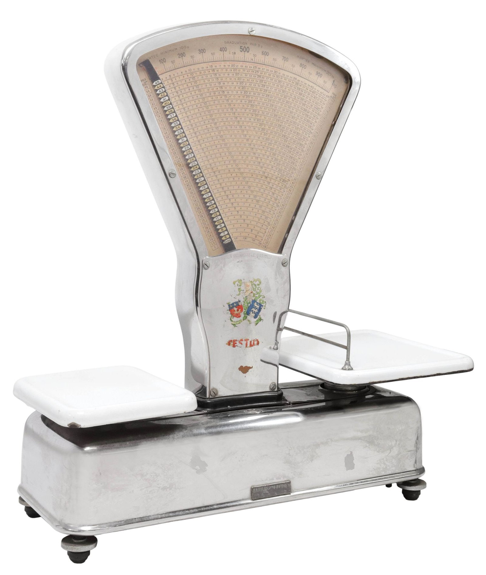 LARGE FRENCH CHARLES TESTUT & SONS ENAMELED SHOP COUNTER SCALE: Large French grocer or butcher shop scale, Charles Testut & Sons, Paris, mid 20th c., dual-sided fanned dial housed behind glass panes, above worn branded logo, two white enameled weight plates, o