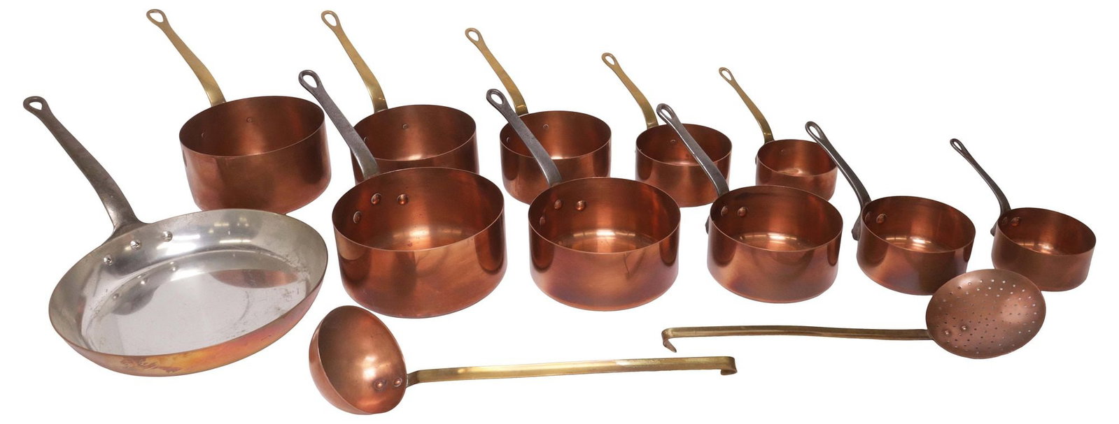 (13) FRENCH COPPER KITCHENWARE, GRADUATED SAUCEPANS & UTENSILS: (lot of 13) French copper kitchenware and cooking utensils, including: (5) graduated saucepans, marked Made in France at side, largest: approx 7"h, 13"w, 7"d, smallest: approx 4"h, 7.25"w, 4"d; (5) gr