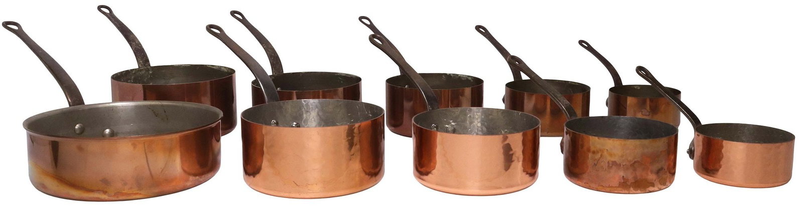 (10) FRENCH COPPER & METAL GRADUATED SAUCEPANS: (lot of 10) French graduated copper saucepans, each with iron handle, (5) marked Fabrication Francaise at side, largest: approx 7.5"h, 9.75"w, 18.75"d, smallest: approx 5.25"h, 5"w, 9"d; (5) unmarked,