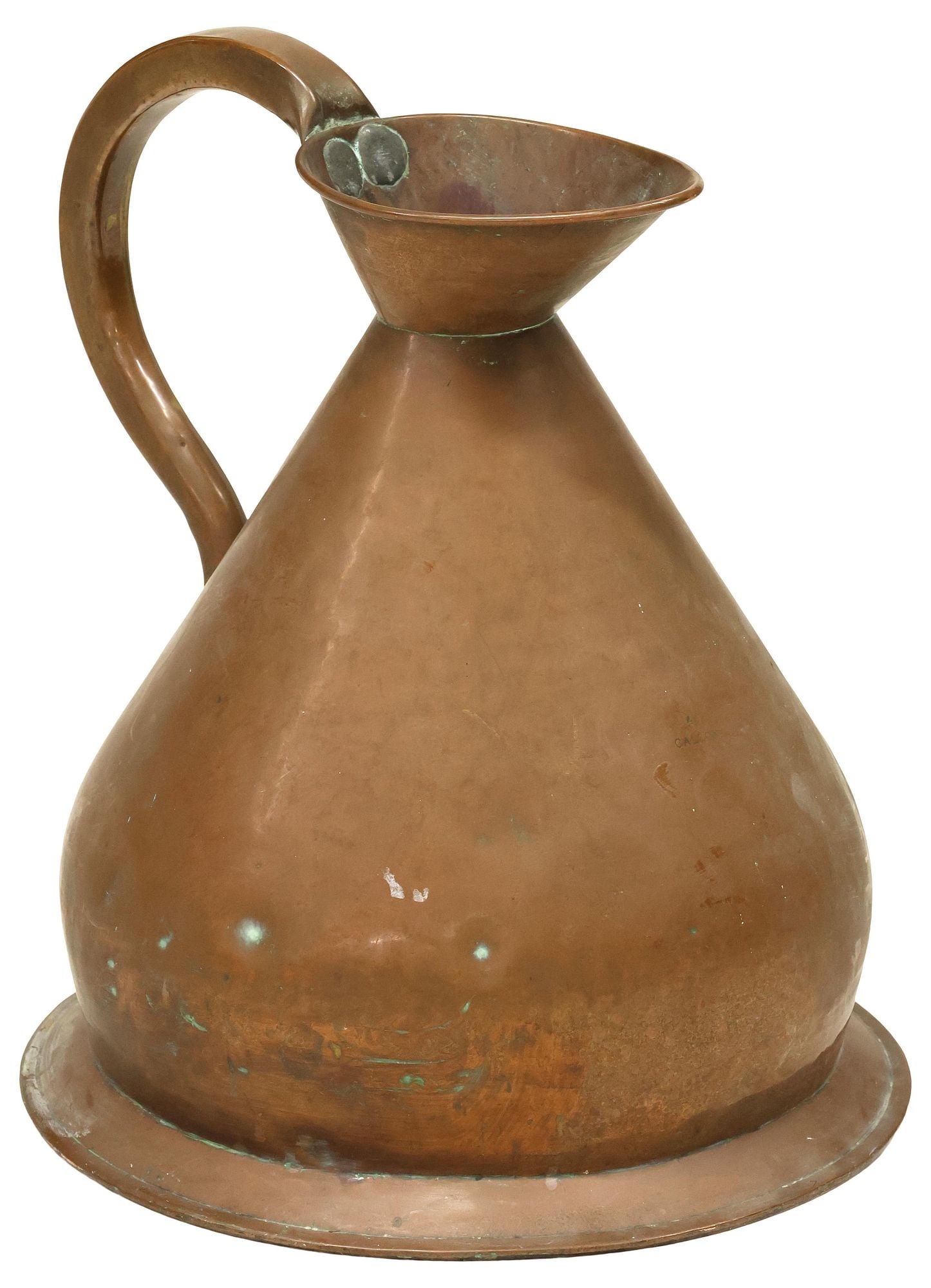 ENGLISH COPPER 4-GALLON HARVEST JUG / MEASURE, 17.5"H: English copper four-gallon harvest jug/ measure, 19th c., with single rolled handle, approx 17.5"h, 16.5"w, 15.25"d, 9lbs
