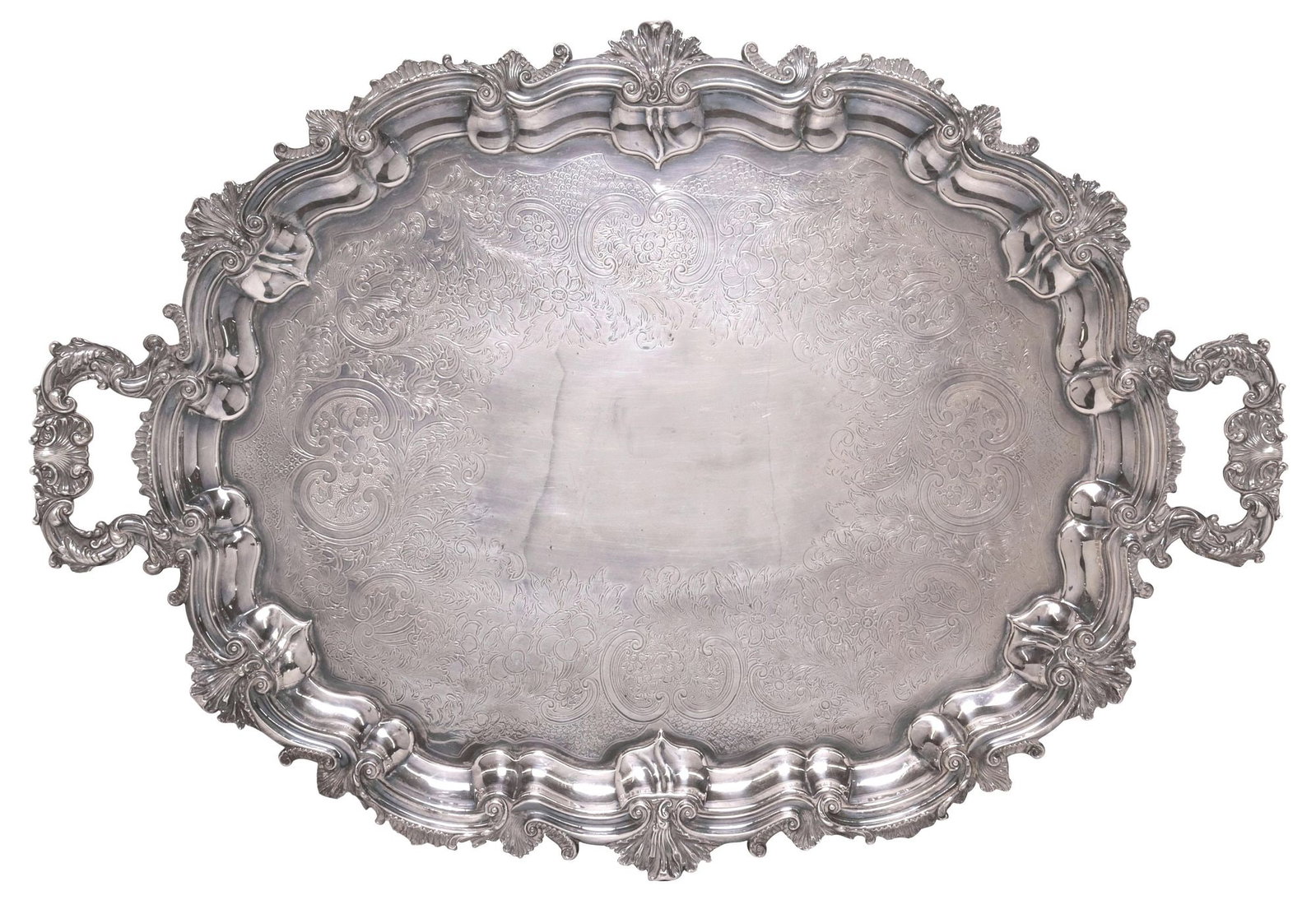 LARGE ENGLISH CHASED SILVERPLATE SERVING TRAY: Large English silverplate service tray, late 19th c., having scalloped border with cast rocaille shell motifs, dual handles, centering chased flowers and foliate scrollwork, unmarked, approx 27.75"l, 