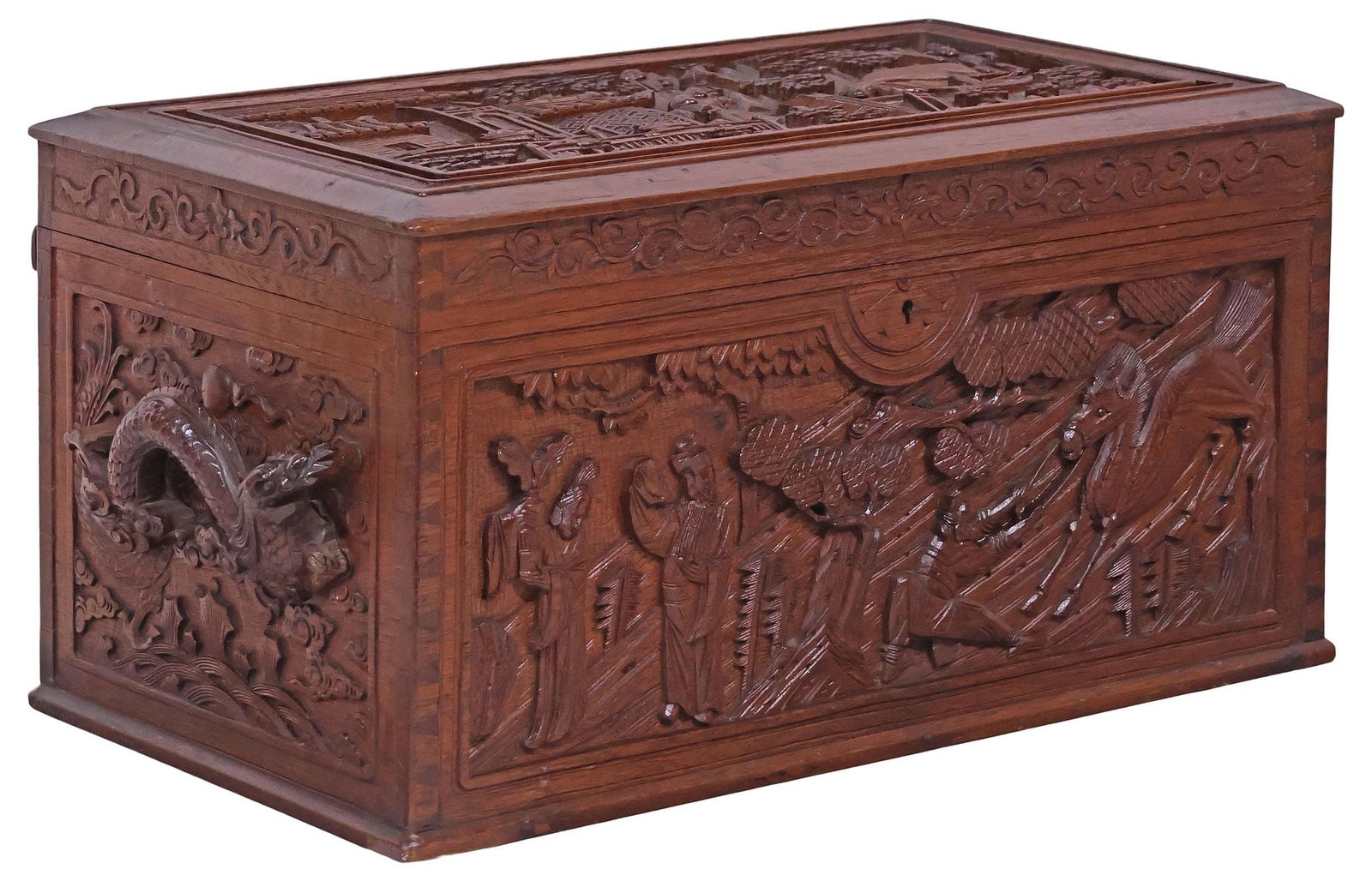 CHINESE CARVED HARDWOOD CAMPHOR-LINED WORK BOX W/ DRAGON HANDLES (1 of 10)