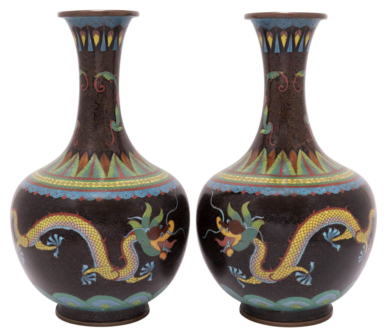 (2) FINE CHINESE CLOISONNE ENAMEL DRAGON MOTIF BOTTLE VASES (1 of 3)