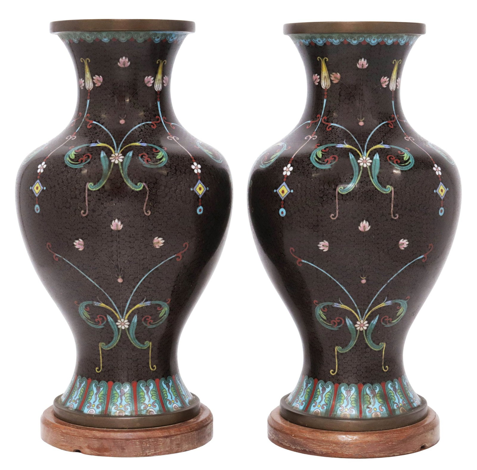 (2) CHINESE CLOISONNE ENAMEL BALUSTER VASES ON WOOD BASES: (pair) Chinese cloisonne enamel baluster vases, each having flared rim, above waisted body, with floral blossoms and foliate motifs, on scrolled black ground, on integral wood base, overall: approx 13