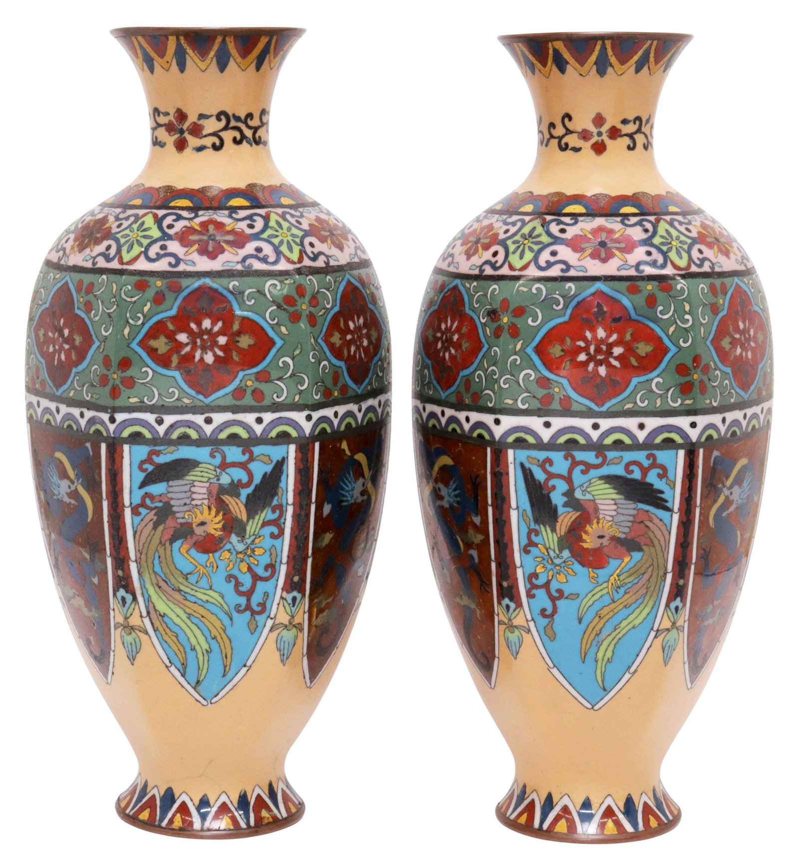 (2) CHINESE CLOISONNE ENAMEL OCTAGONAL GARNITURE VASES (1 of 3)