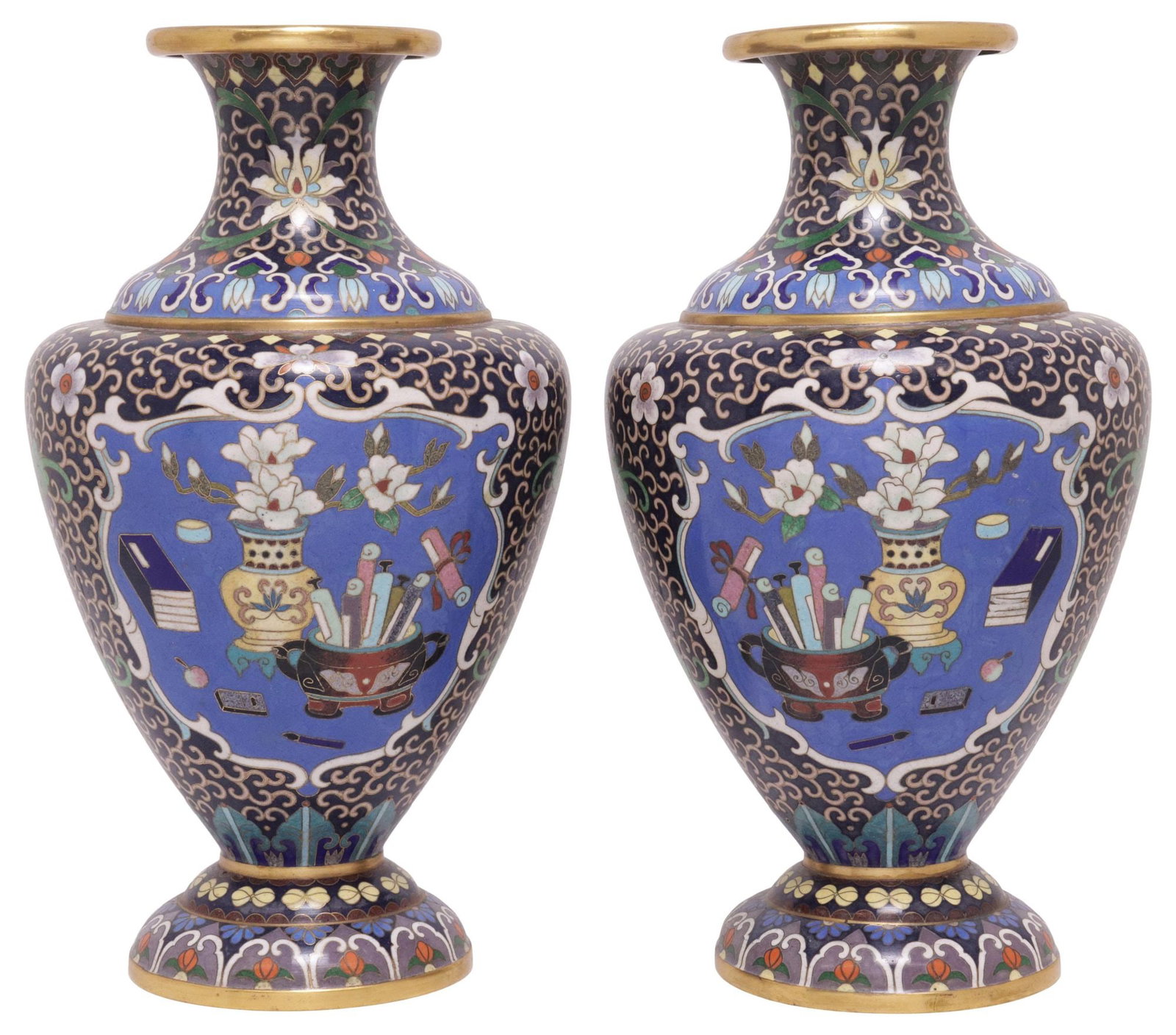 (2) CHINESE CLOISONNE ENAMEL VASES WITH SCHOLAR'S MOTIFS: (pair) Chinese cloisonne enamel vases, each having flared rim and tapering body, reserves with scholar's items, on scrolled ground interspersed with floral motifs, approx 10.5"h, 5.5"diam, 4.5lbs tota