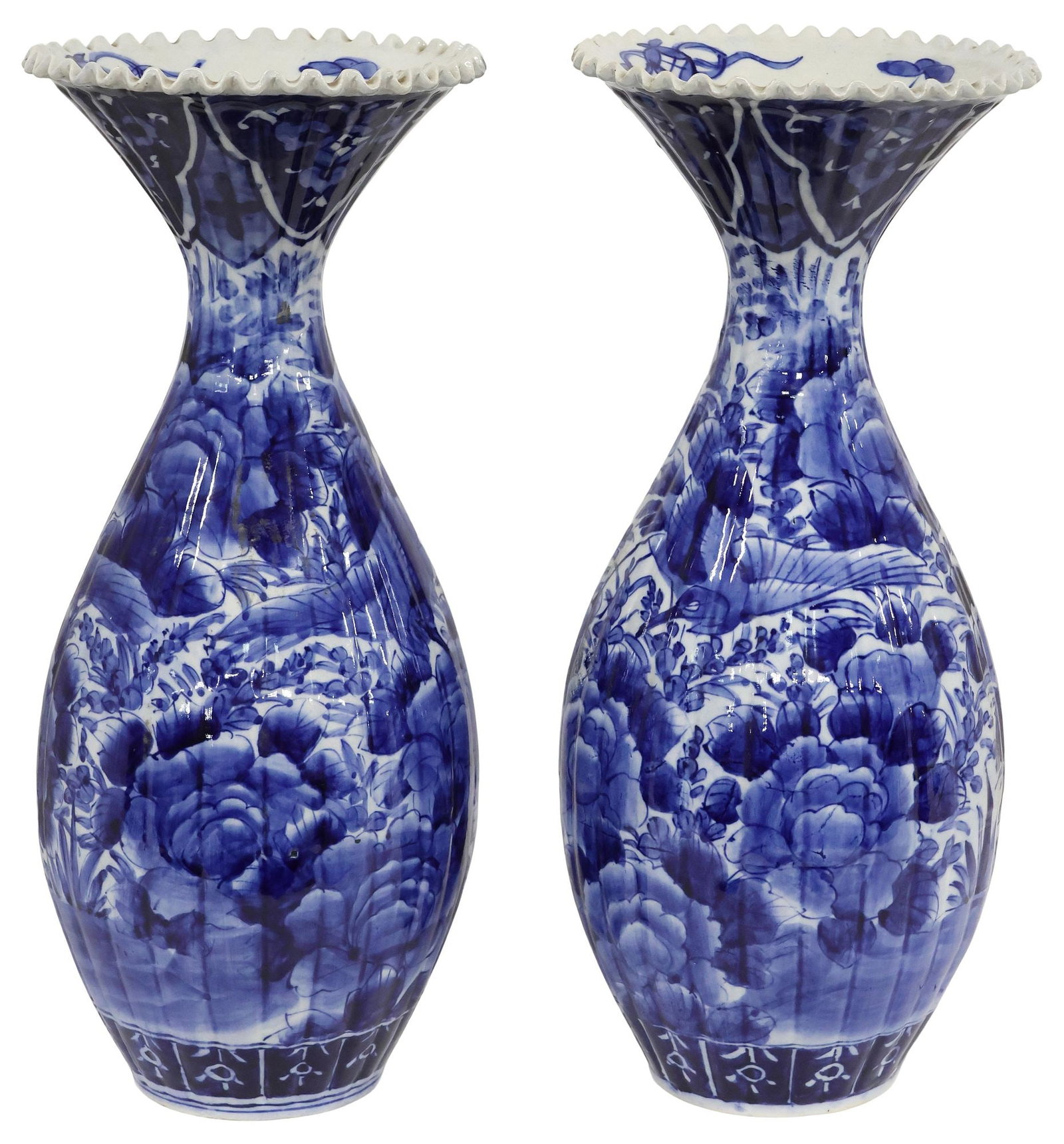 (2) JAPANESE BLUE & WHITE PORCELAIN FLORAL VASES, 18"H (1 of 4)
