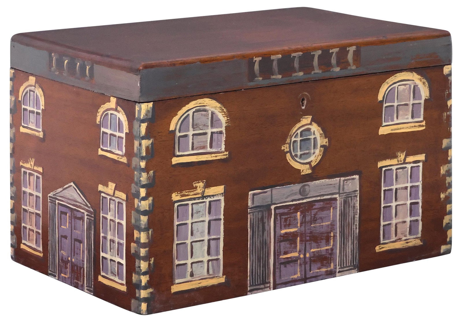 ENGLISH PAINT-DECORATED MAHOGANY HOUSE FACADE WORK BOX (1 of 7)