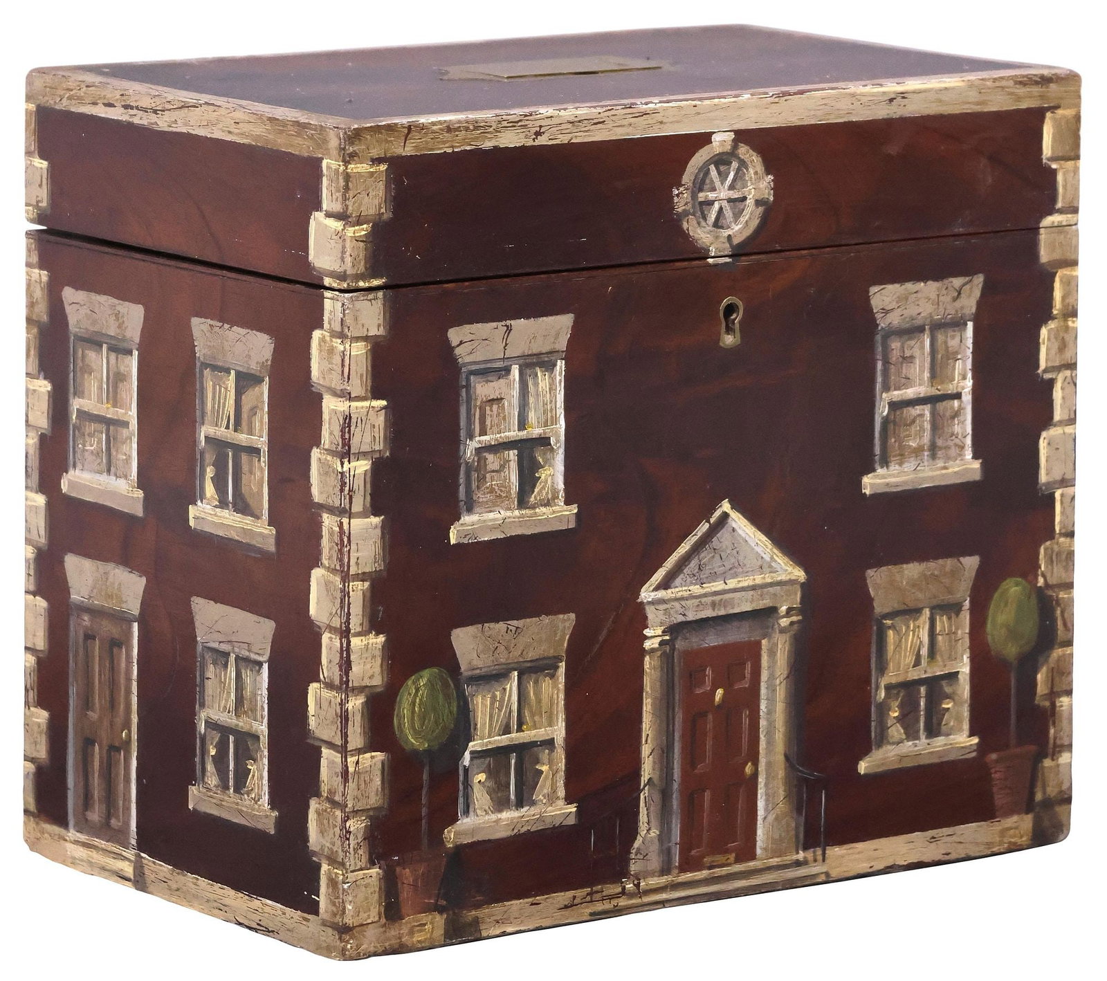 ENGLISH PAINT-DECORATED HOUSE FACADE MAHOGANY TABLE BOX (1 of 5)