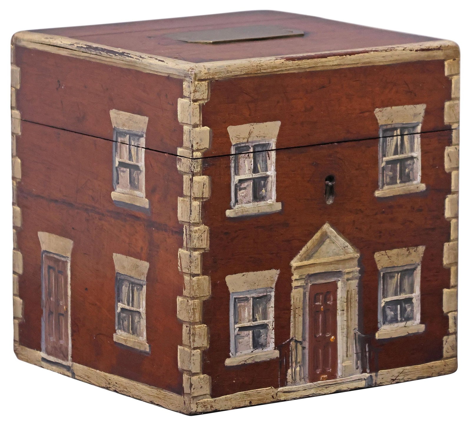 ENGLISH PAINT-DECORATED HOUSE FACADE MAHOGANY DECANTER / LIQUOR BOX (1 of 6)