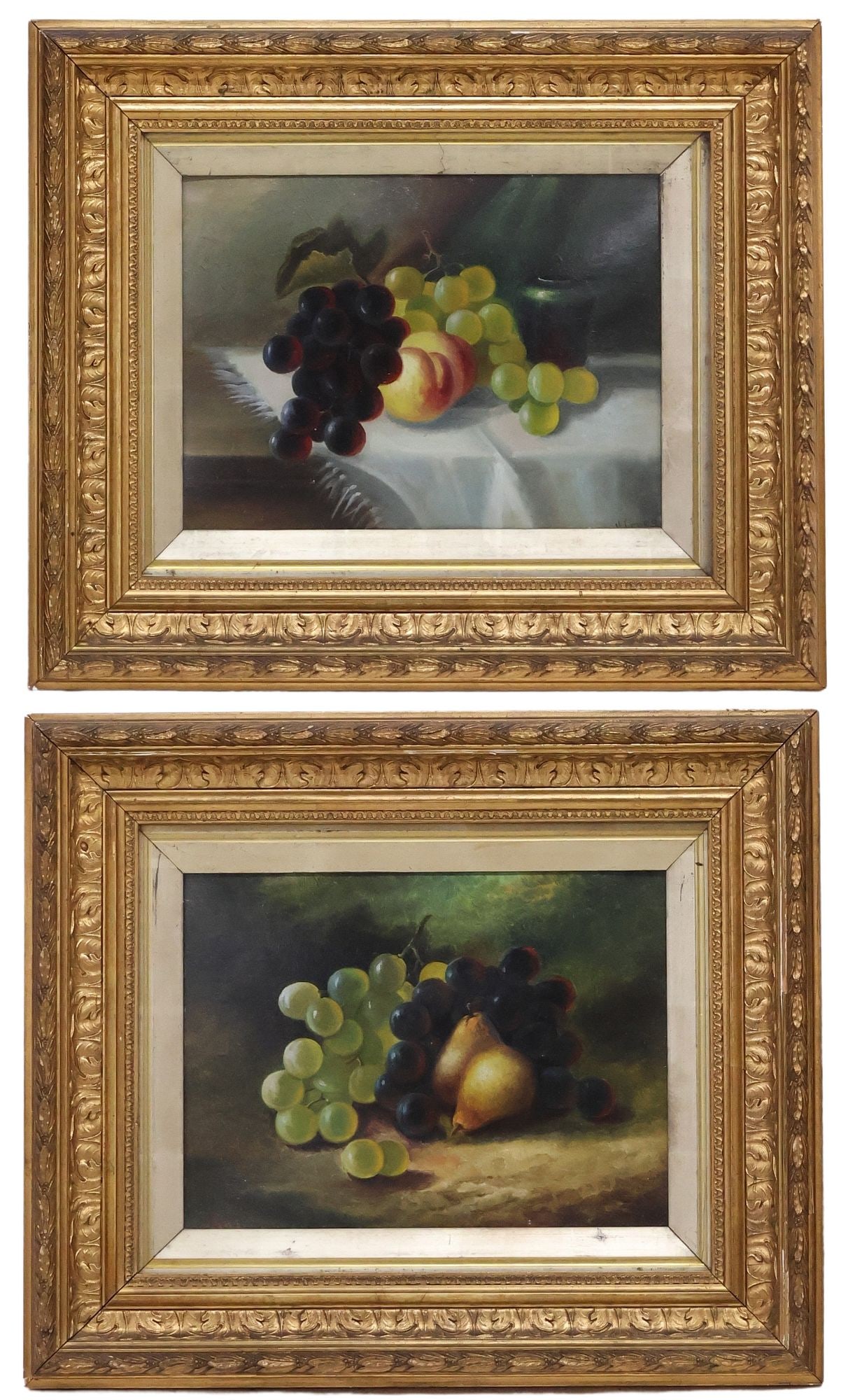 (2) SIGNED H. CAPES (ENGLISH, 19TH C.) OIL PAINTINGS, STILL LIFE WITH FRUIT: (lot of 2) Framed oil on board paintings, Still Life with Grapes and Fruit, each signed H. Capes (English, 19th c.), retaining worn artist's supplier's label verso, each sight: approx 8 3/8"h, 11.25"w