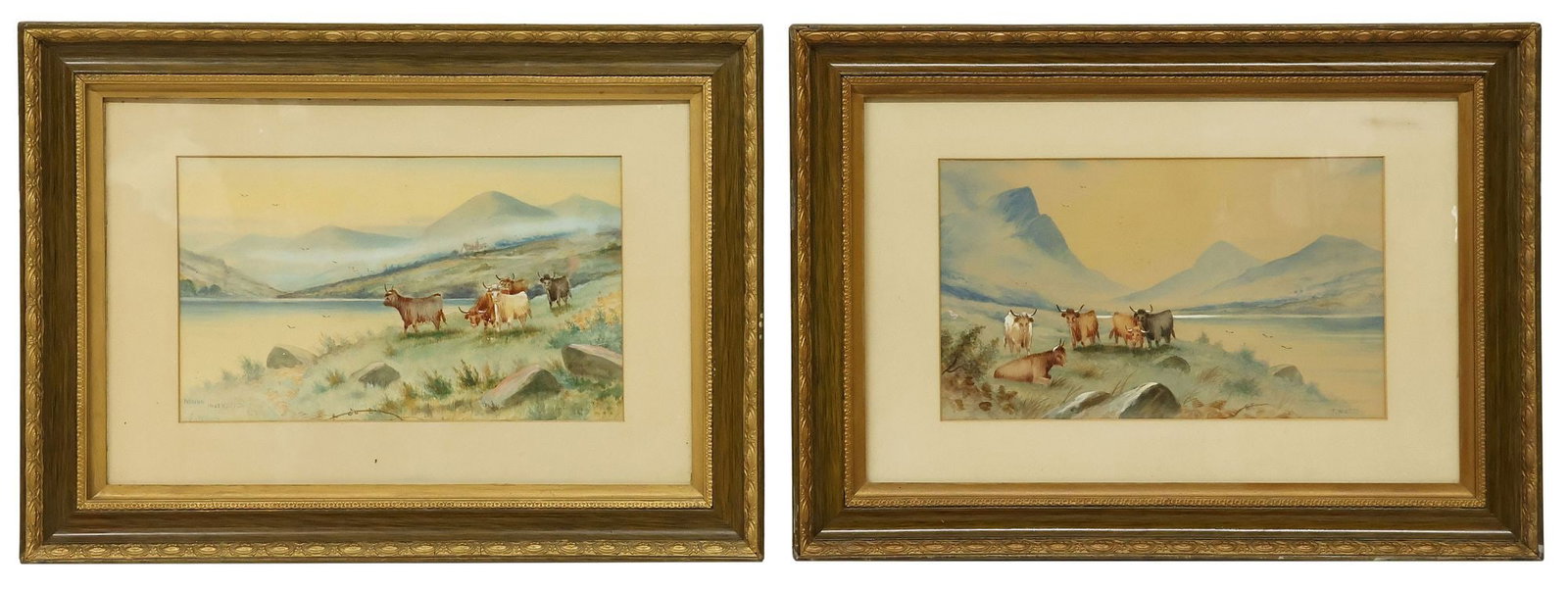 (2) S. WATSON (SCOTTISH, 20TH C.) WATERCOLOR PAINTINGS, HIGHLAND CATTLE (1 of 4)