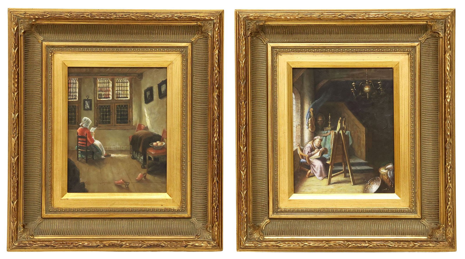 (2) JOHNNY GASTON (BRITISH, B.1955) GENRE PAINTINGS, ART MASTER & HIS WIFE: (lot of 2) Framed oil on panel paintings, each signed on frame verso Johnny Gaston (British, b.1955), titled with adhesive label inscribed "John 2004" at back of frame, including: (1) "The Art Master 