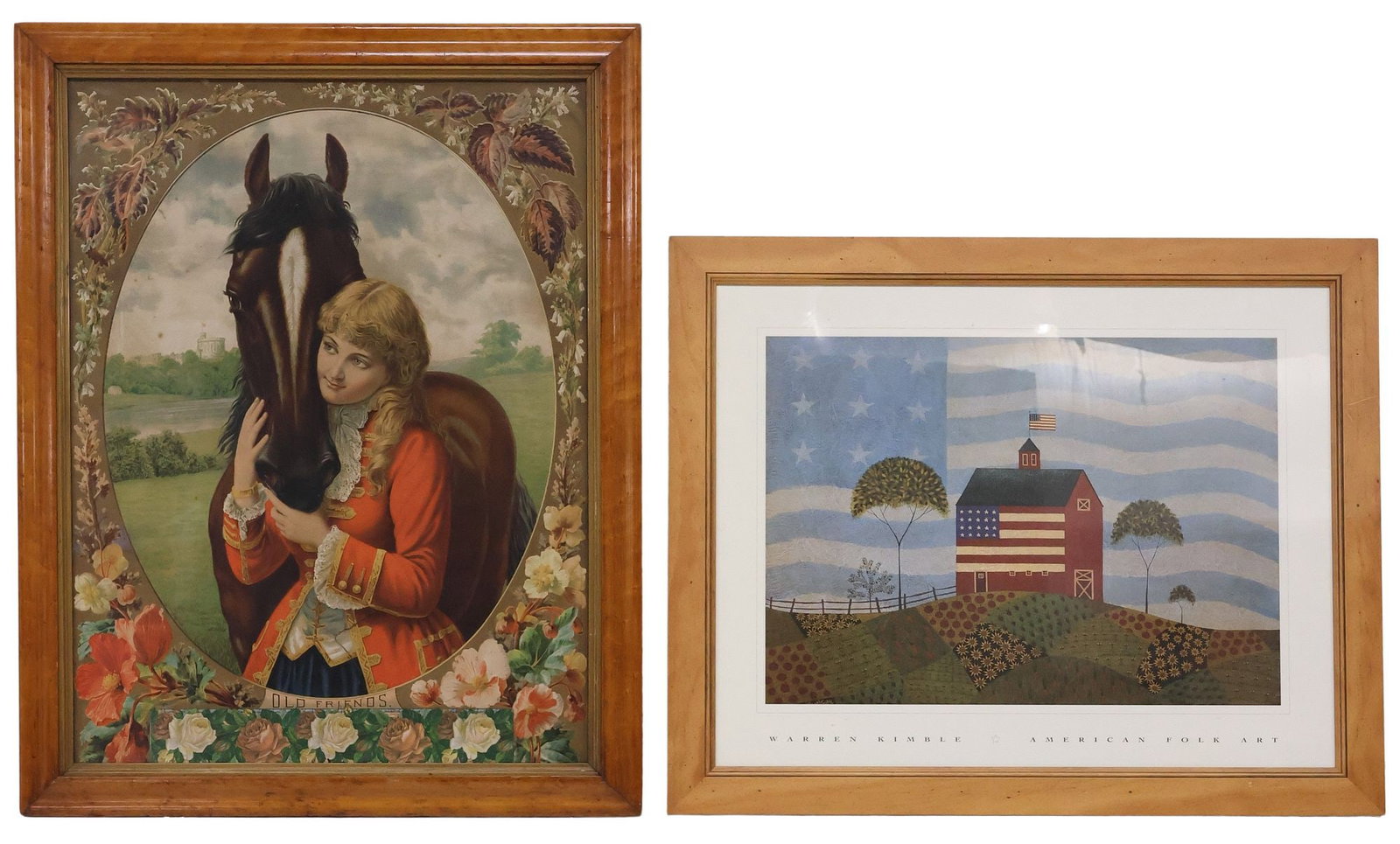 (2) ENGLISH EQUESTRIAN PRINT & FOLK ART POSTER AFTER WARREN KIMBLE: (lot of 2) Framed prints on paper, including: (1) English School chromolithograph, "Old Friends," depicting a young girl in Victorian dress, embracing a brown horse, overall toning and foxin