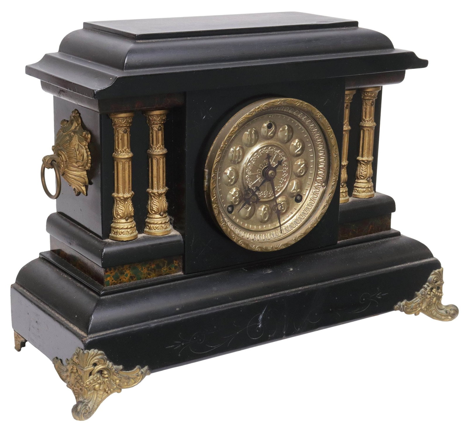 ENGLISH VICTORIAN BRASS-MOUNTED EBONIZED WOOD MANTEL CLOCK: English Victorian ebonized wood mantel clock, late 19th c., stepped architectural case with brass mounts, dual ring handles and fluted columnar posts, centering gilt dial with Arabic hour markers, unm