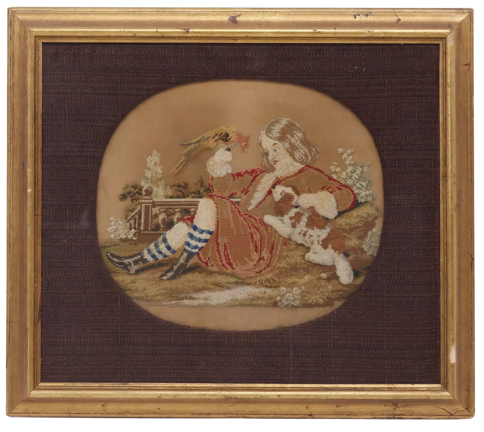 FRAMED VICTORIAN BERLIN WOOL WORK PICTURE, YOUNG GIRL & ANIMALS (1 of 3)