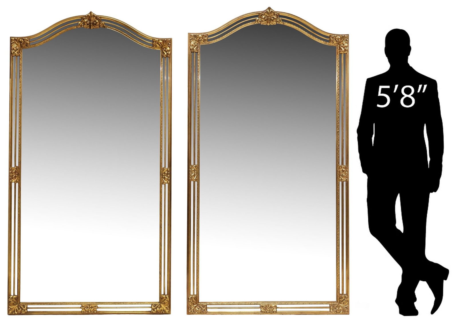 (2) LARGE LOUIS XV STYLE GILTWOOD PARCLOSE MIRRORS, 73"H: (pair) Louis XV style giltwood parclose mirrors, late 20th c., arched cushion frame with foliate-molded scroll motifs, encasing flat mirror plates, each: approx 73"h, 39"w, 135lbs total