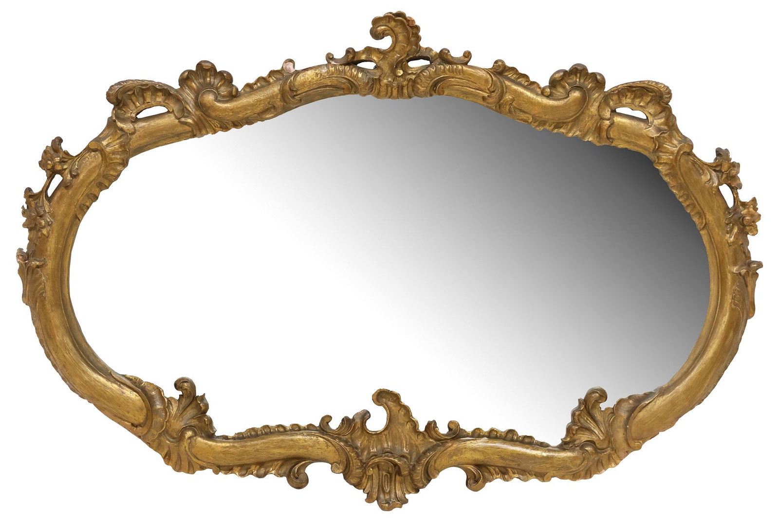 ITALIAN LOUIS XV STYLE GILTWOOD MIRROR, 49"L: Italian Louis XV style giltwood wall mirror, late 19th c., having rocaille crest, and ovular frame with pierced foliated scrollwork, encasing flat mirror plate, approx 33"h, 49"w, 31.5lbs