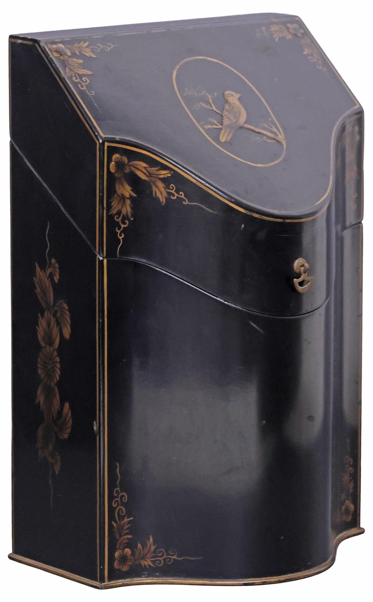 GEORGIAN STYLE PARCEL-GILT BLACK LACQUER TABLE BOX: Georgian style black lacquer storage box, 20th c., in the form of a cutlery box, the serpentine case with gilt accents and oval reserve centering a bird, open interior, approx 12"h, 7.75"w, 