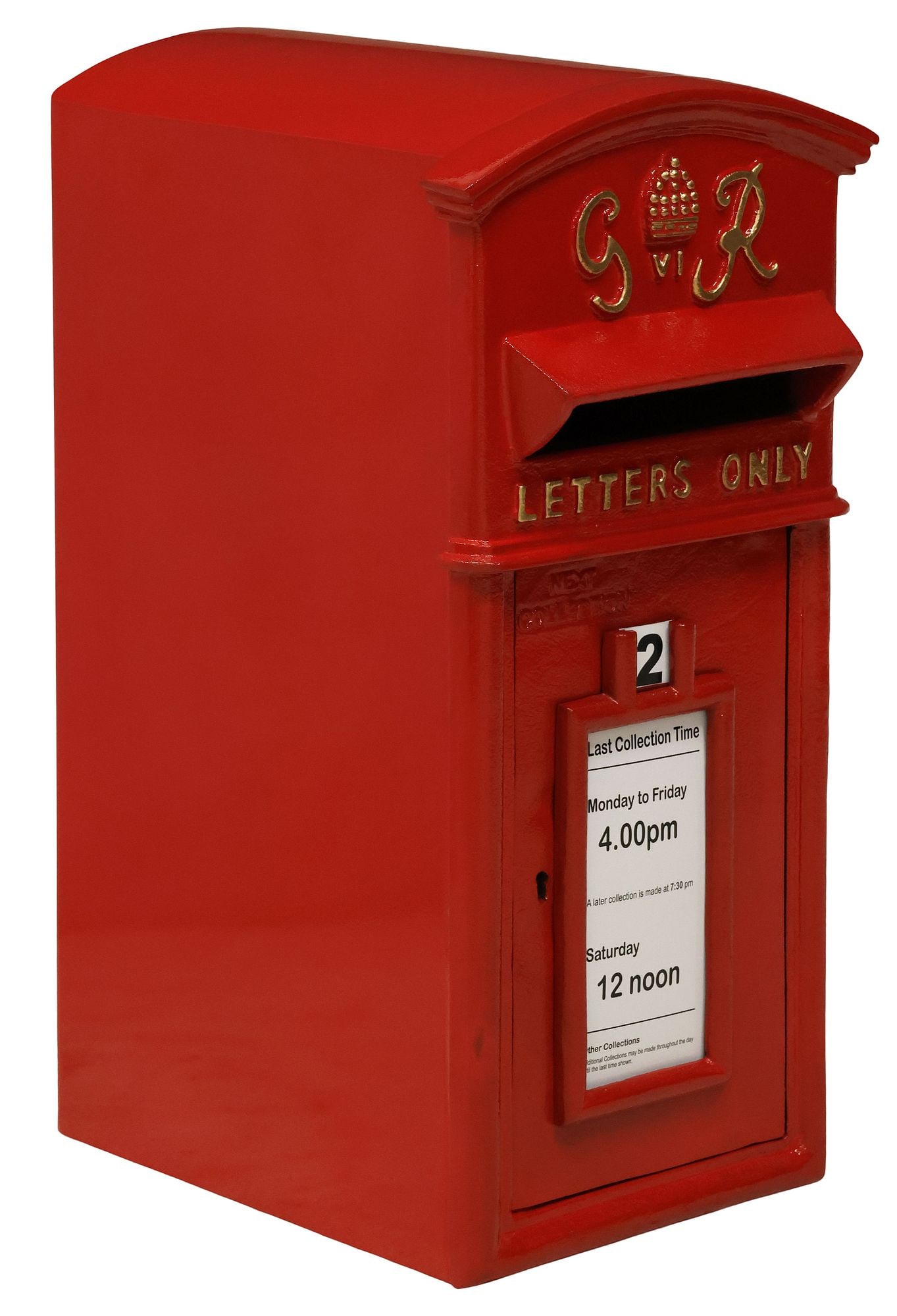 ENGLISH RED METAL POST / MAILBOX WITH GEORGE VI ROYAL CYPHER: British metal post/ letter box, after the original Carron Company model, 21st c., painted red with parcel-gilt accents, George VI Royal Cypher emblem at front face, approx 23"h, 11"w, 14"d, 39lbs